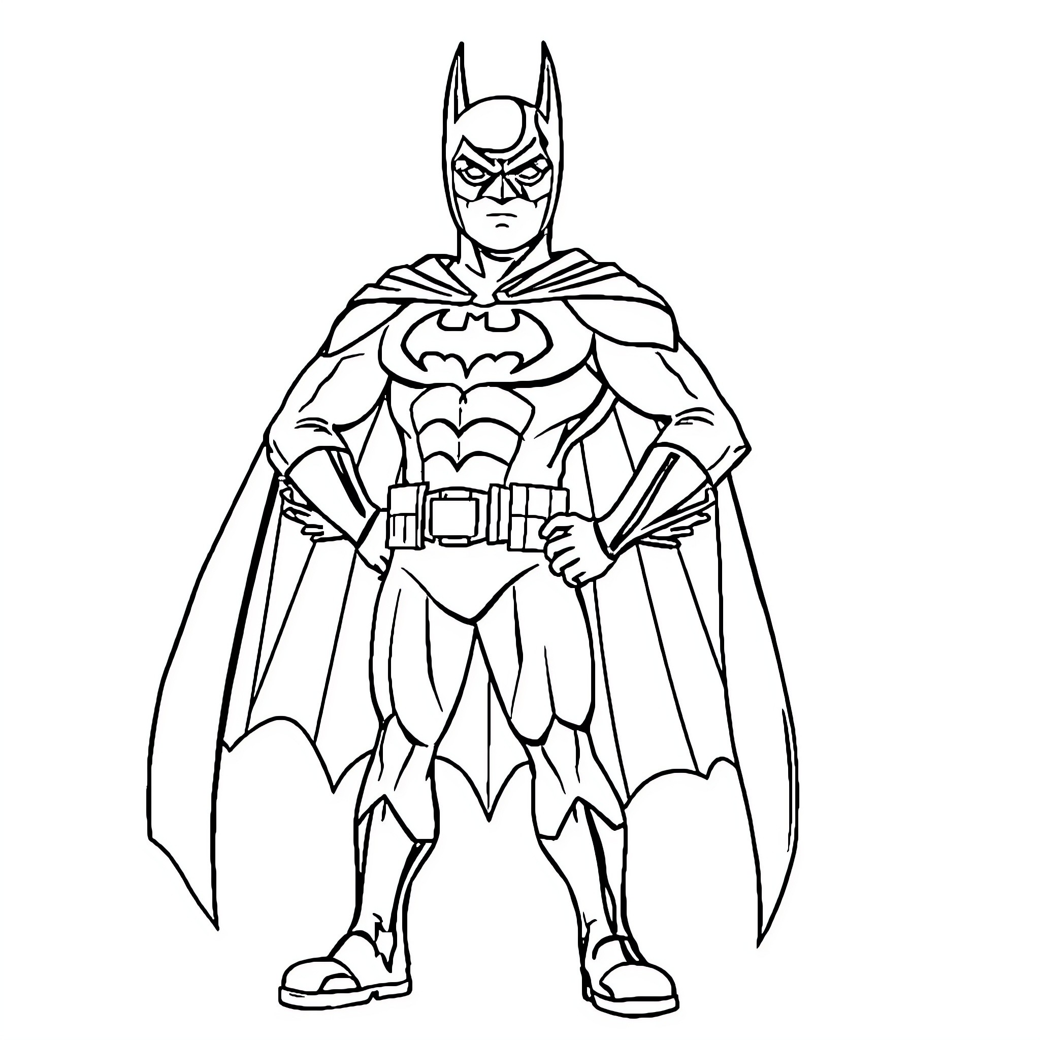 Batman in heroic pose with cape and cowl Coloring Page (free black-and-white line drawing printable PDF for all, from beginners to advanced learners, including children, teens, adults, and seniors)