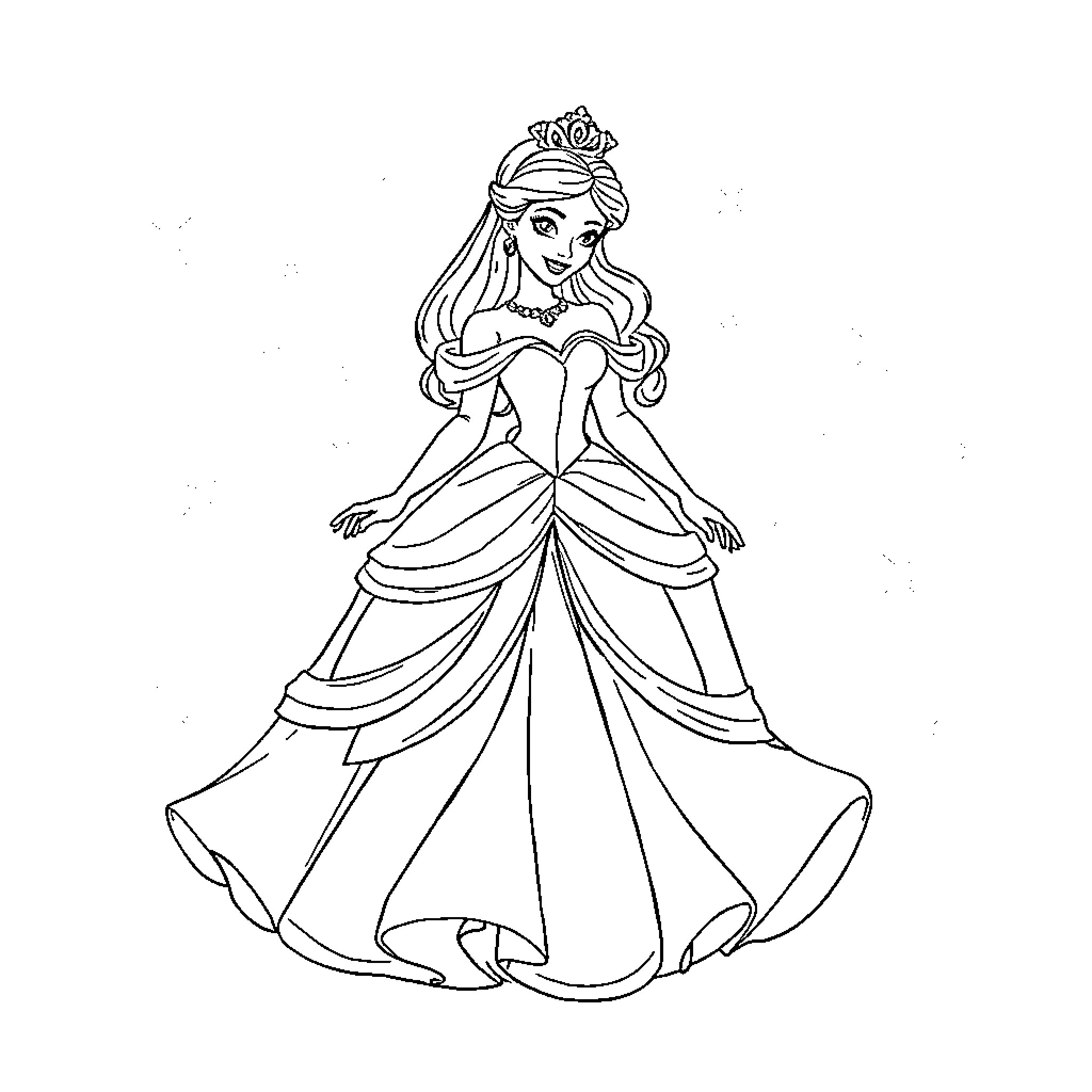 Disney Princess in Elegant Ballgown Pose Coloring Page (free black-and-white line drawing printable PDF for all, from beginners to advanced learners, including children, teens, adults, and seniors)