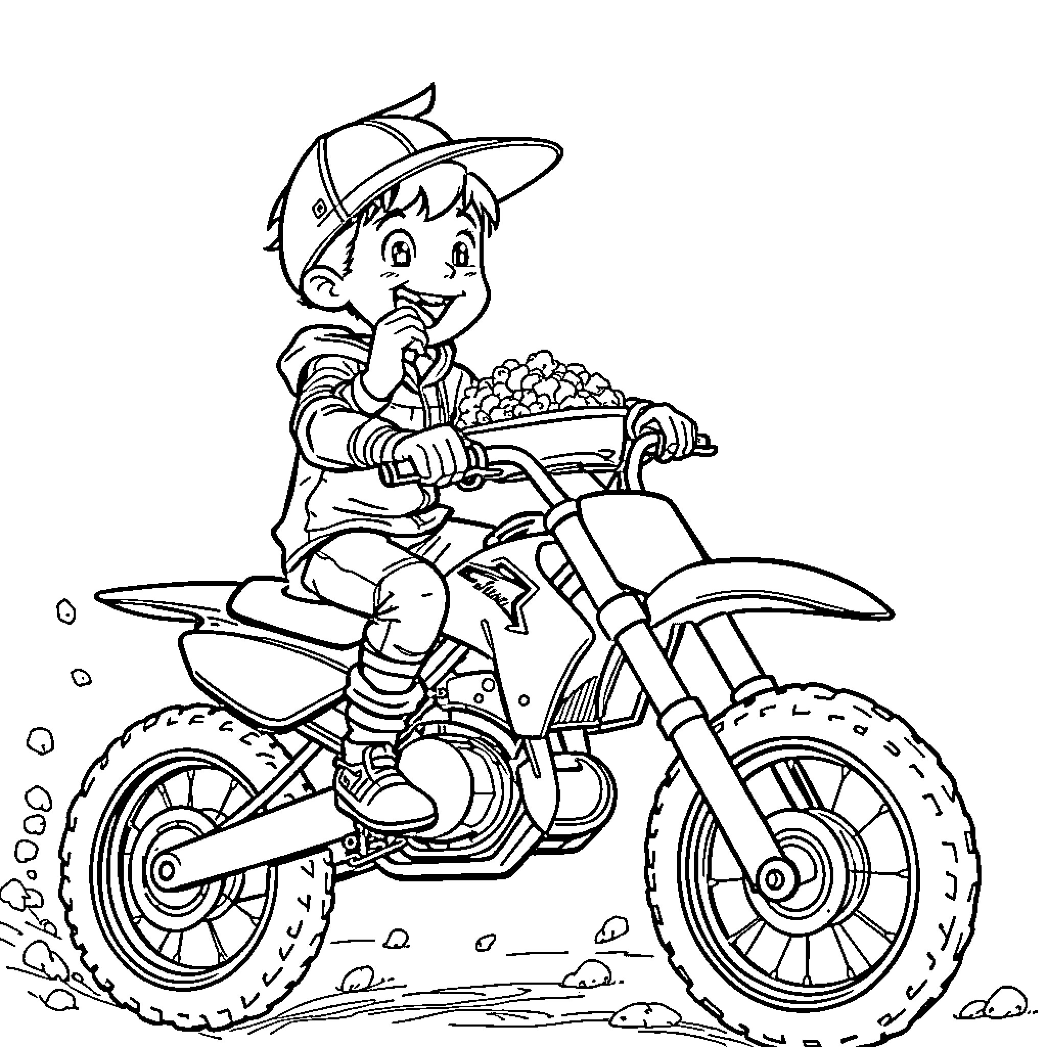 Kid riding motorcycle with basket of flowers Coloring Page (free black-and-white line drawing printable PDF for all, from beginners to advanced learners, including children, teens, adults, and seniors)