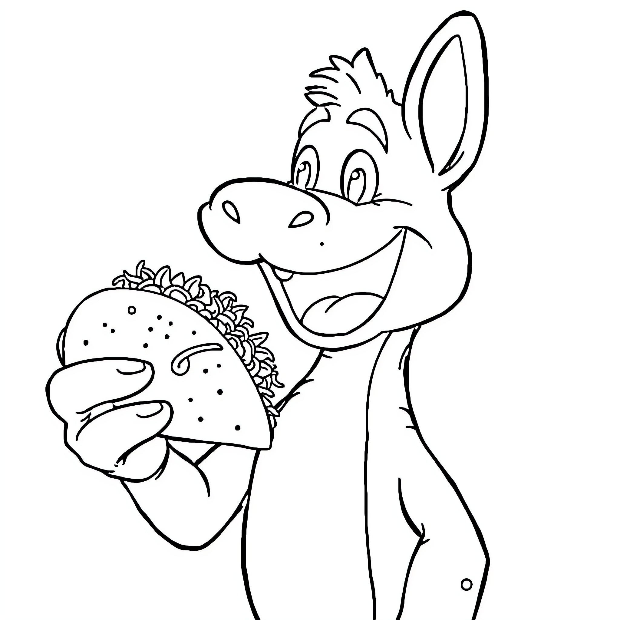 Gus the Donkey Enjoying a Snack Coloring Page (free black-and-white line drawing printable PDF for all, from beginners to advanced learners, including children, teens, adults, and seniors)