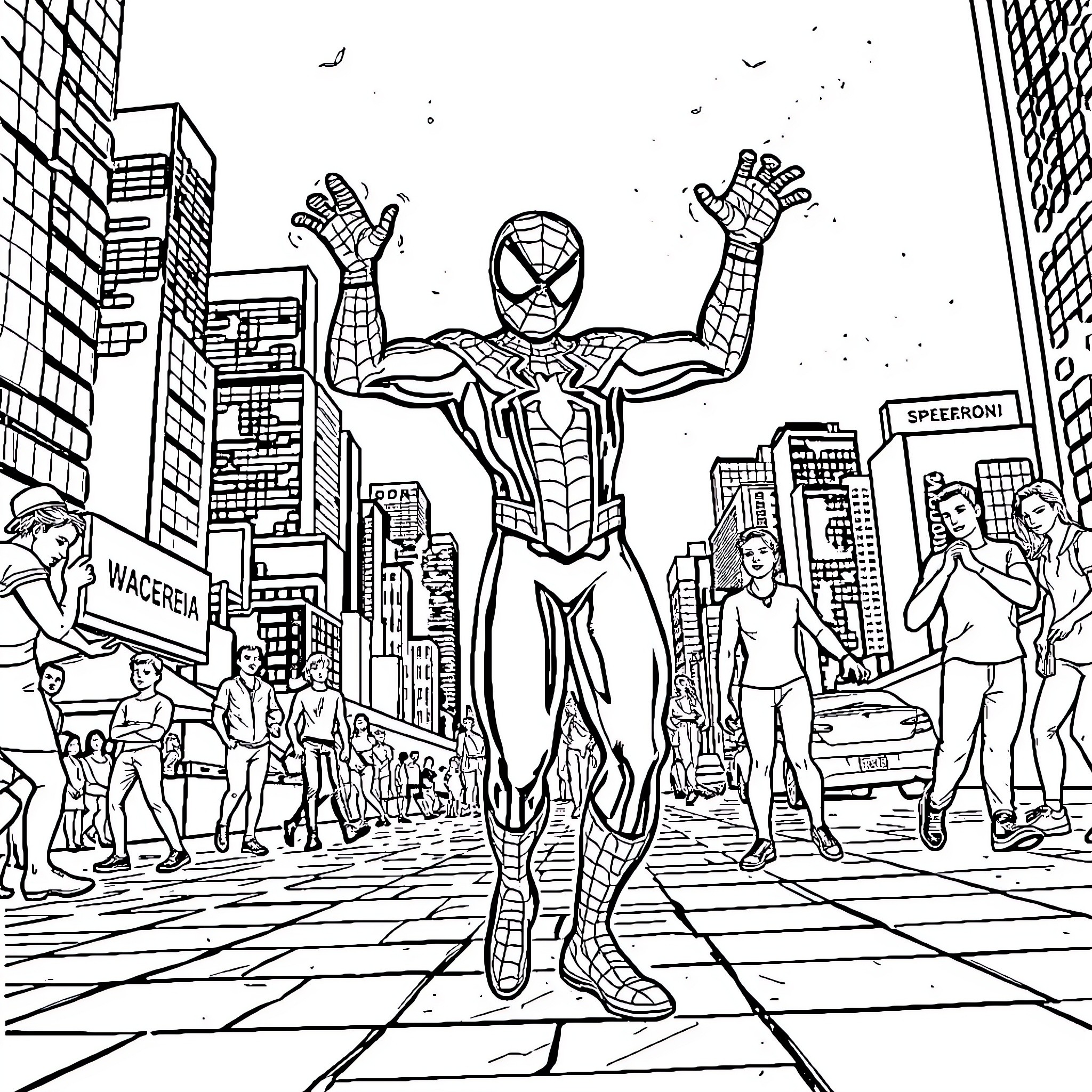 Spider-Man swinging through bustling city streets Coloring Page (free black-and-white line drawing printable PDF for all, from beginners to advanced learners, including children, teens, adults, and seniors)