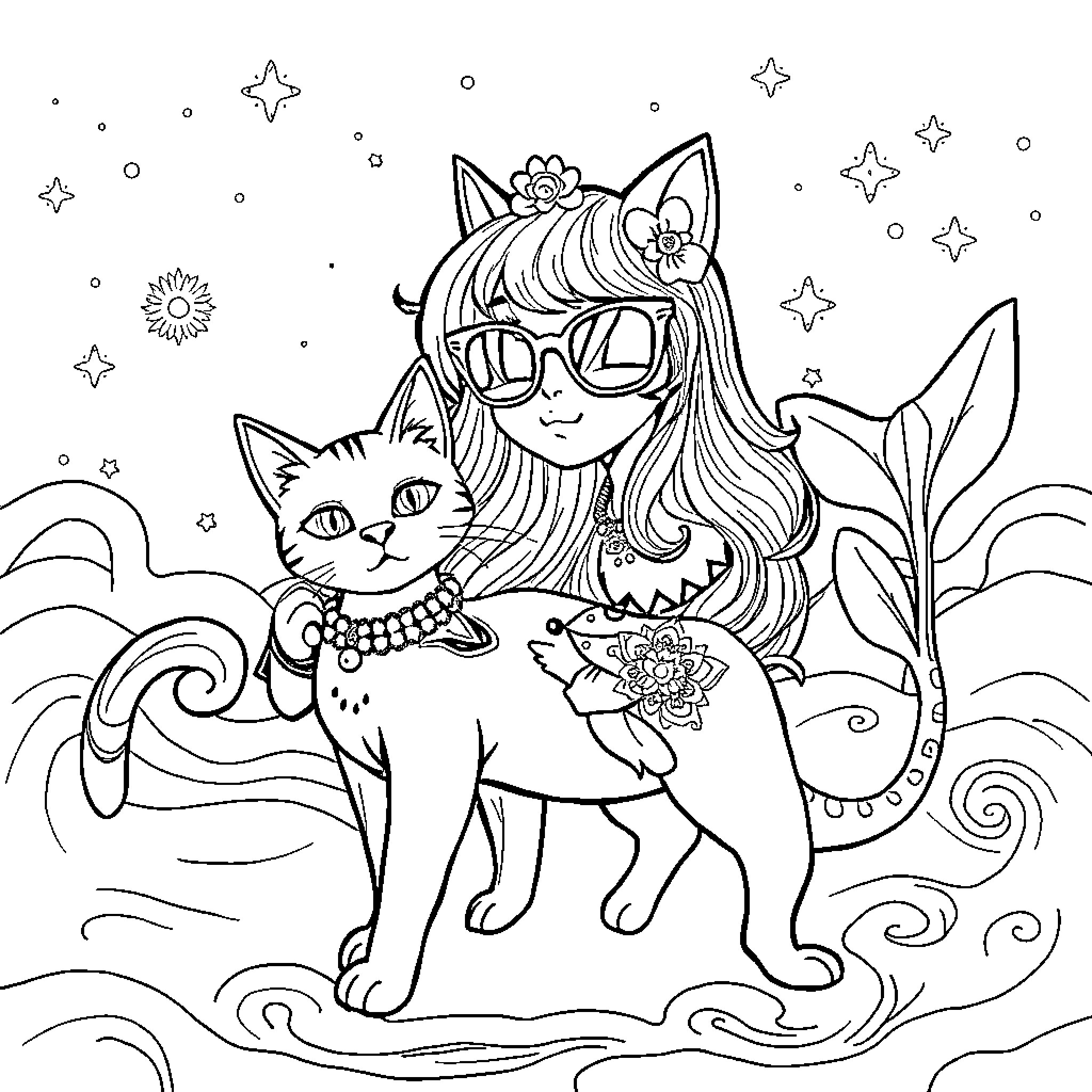 Rumi's Whimsical Adventure with Feline Companion Coloring Page (free black-and-white line drawing printable PDF for all, from beginners to advanced learners, including children, teens, adults, and seniors)