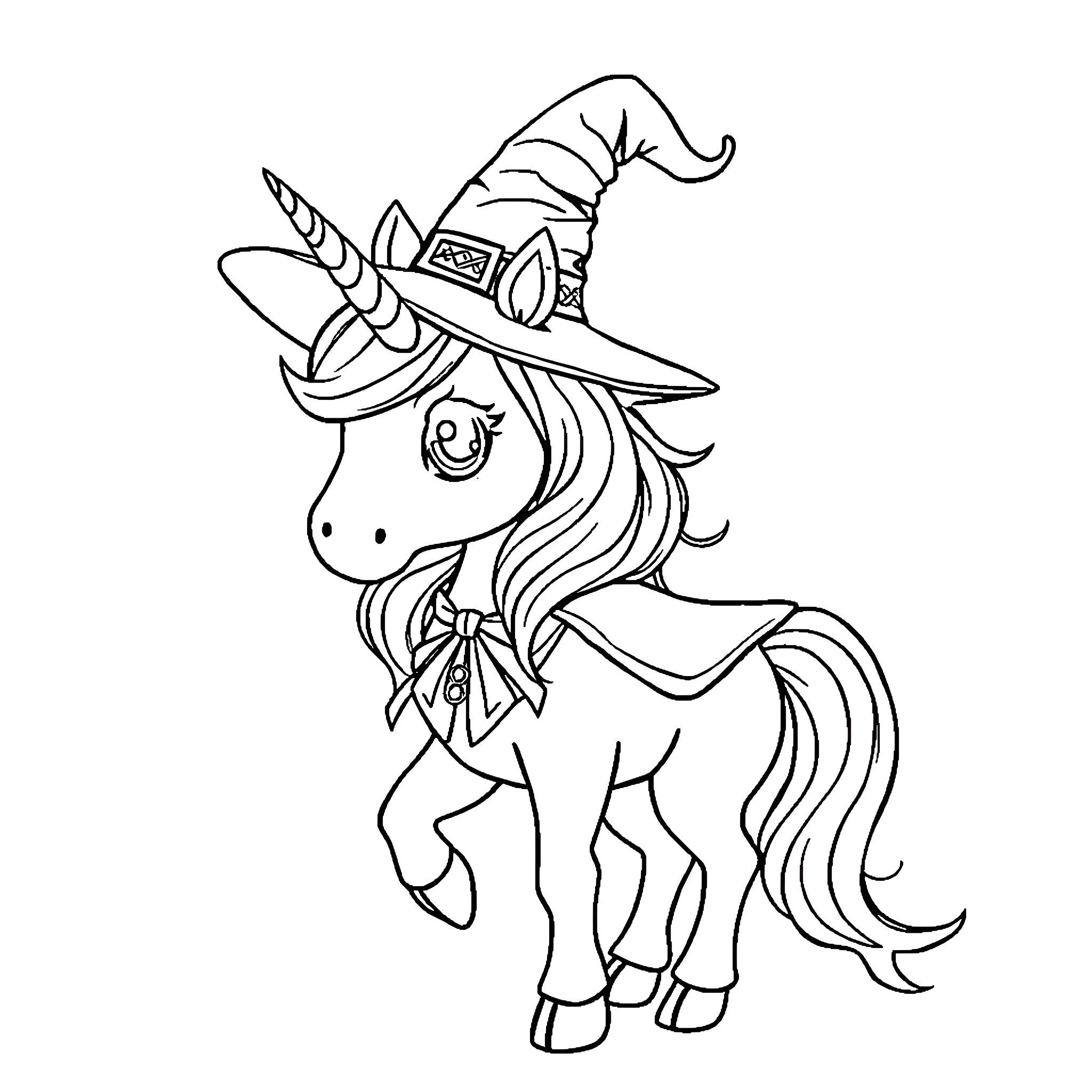 Unicorn in witch's costume with wand Coloring Page (free black-and-white line drawing printable PDF for all, from beginners to advanced learners, including children, teens, adults, and seniors)