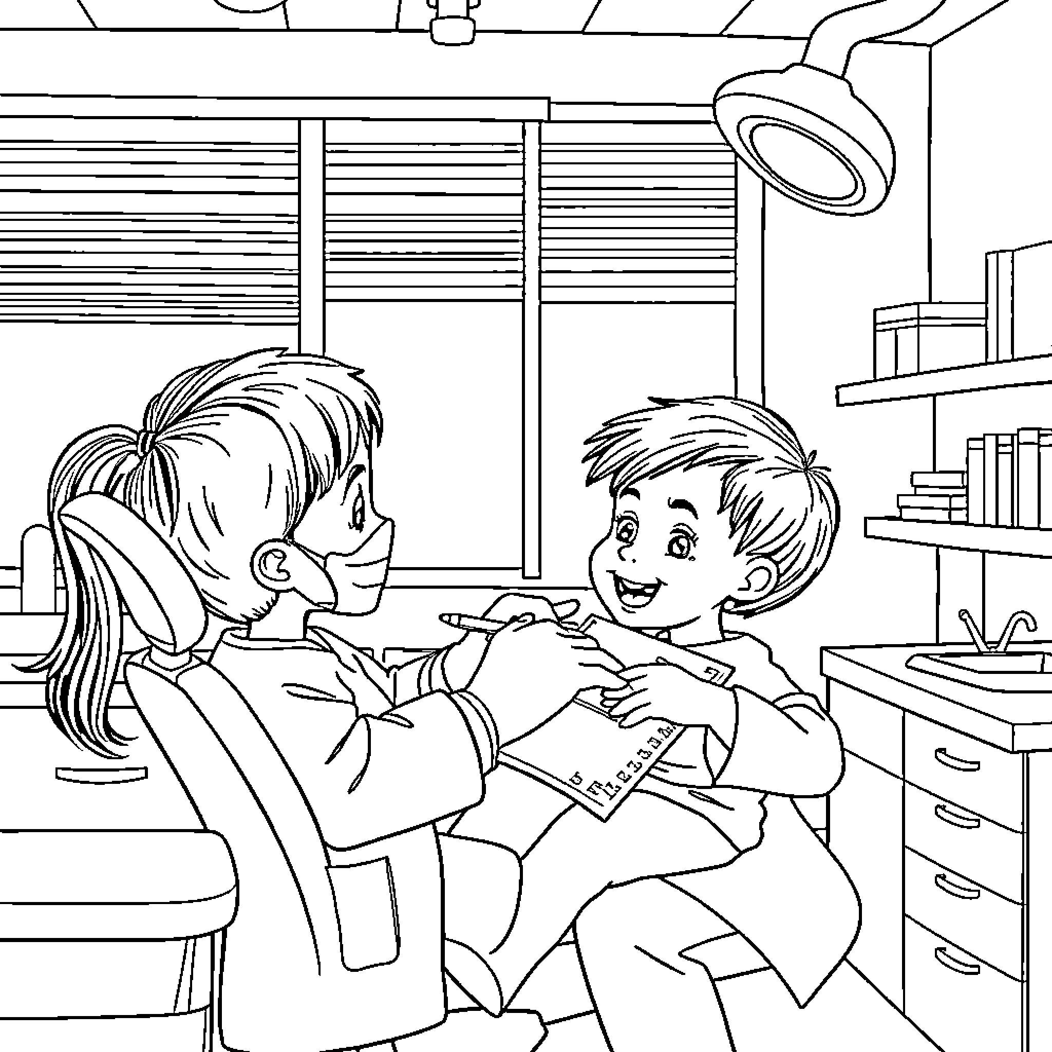 Dentist examining a patient's teeth Coloring Page (free black-and-white line drawing printable PDF for all, from beginners to advanced learners, including children, teens, adults, and seniors)