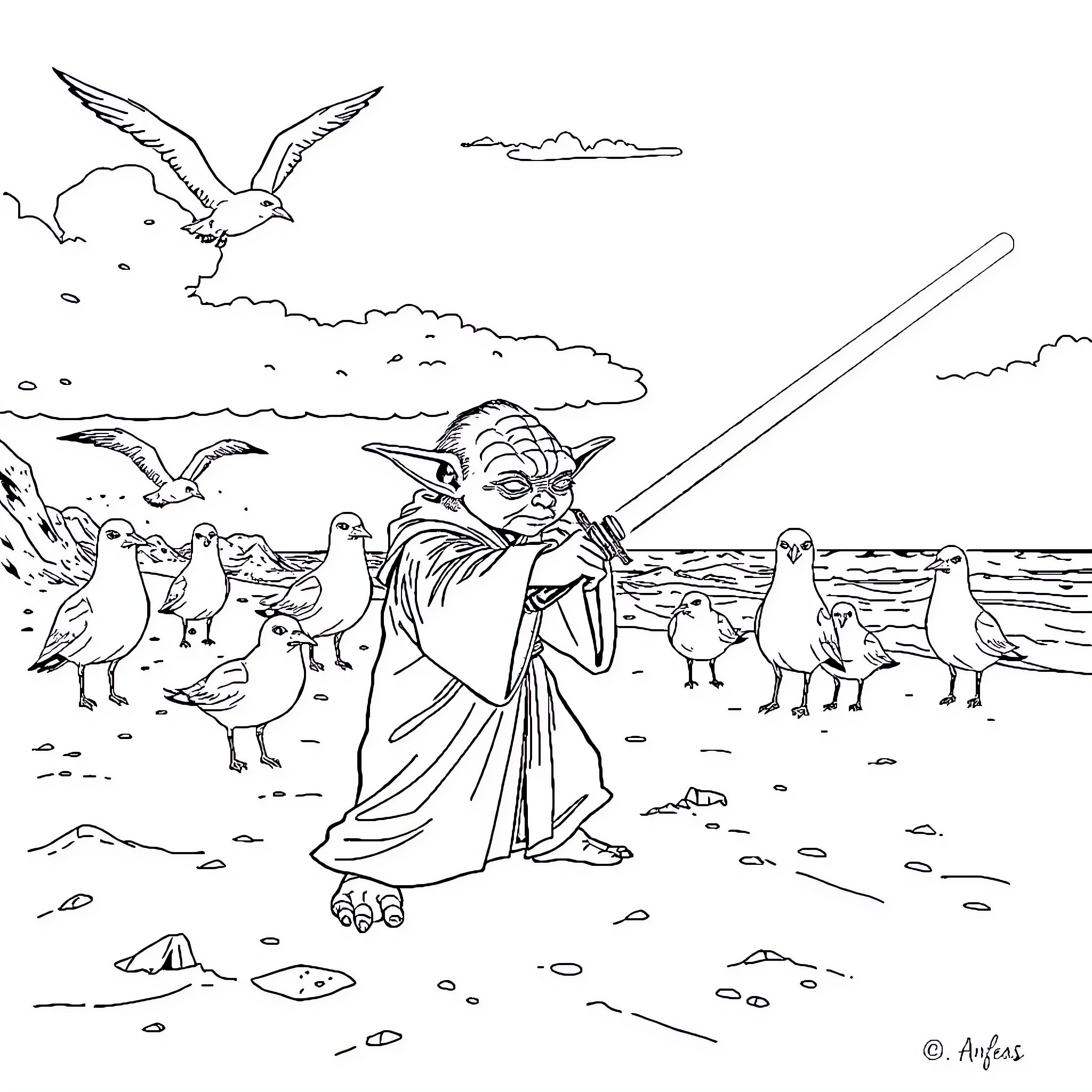 Yoda interacting with birds on a beach Coloring Page (free black-and-white line drawing printable PDF for all, from beginners to advanced learners, including children, teens, adults, and seniors)