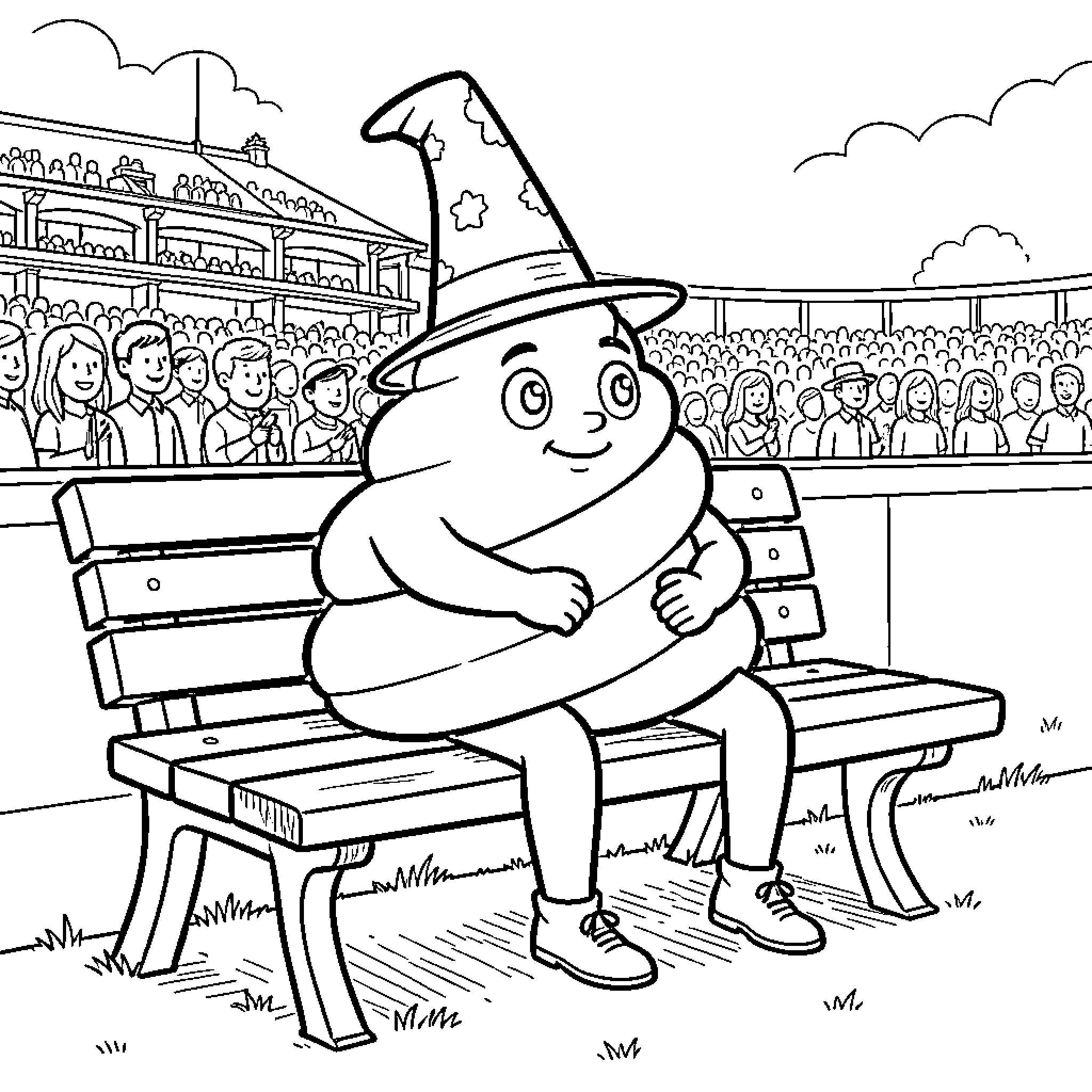 Poop wearing a wizard hat sitting on a bench Coloring Page (free black-and-white line drawing printable PDF for all, from beginners to advanced learners, including children, teens, adults, and seniors)
