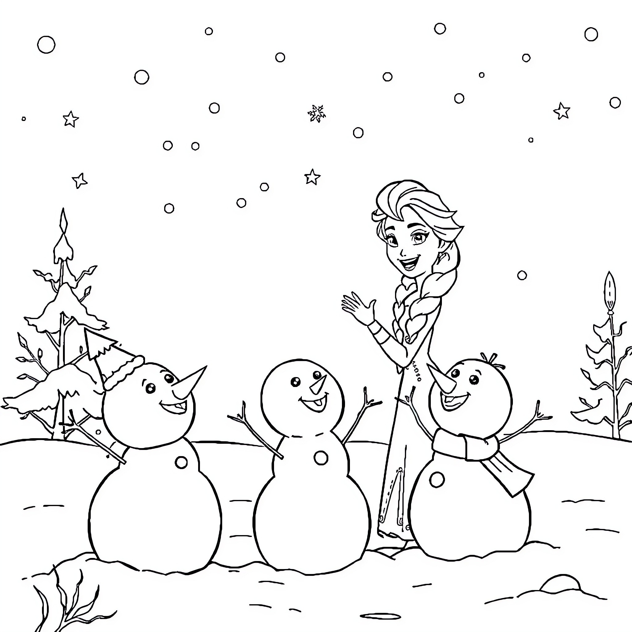 Elsa builds snowmen with friends in the winter wonderland Coloring Page (free black-and-white line drawing printable PDF for all, from beginners to advanced learners, including children, teens, adults, and seniors)