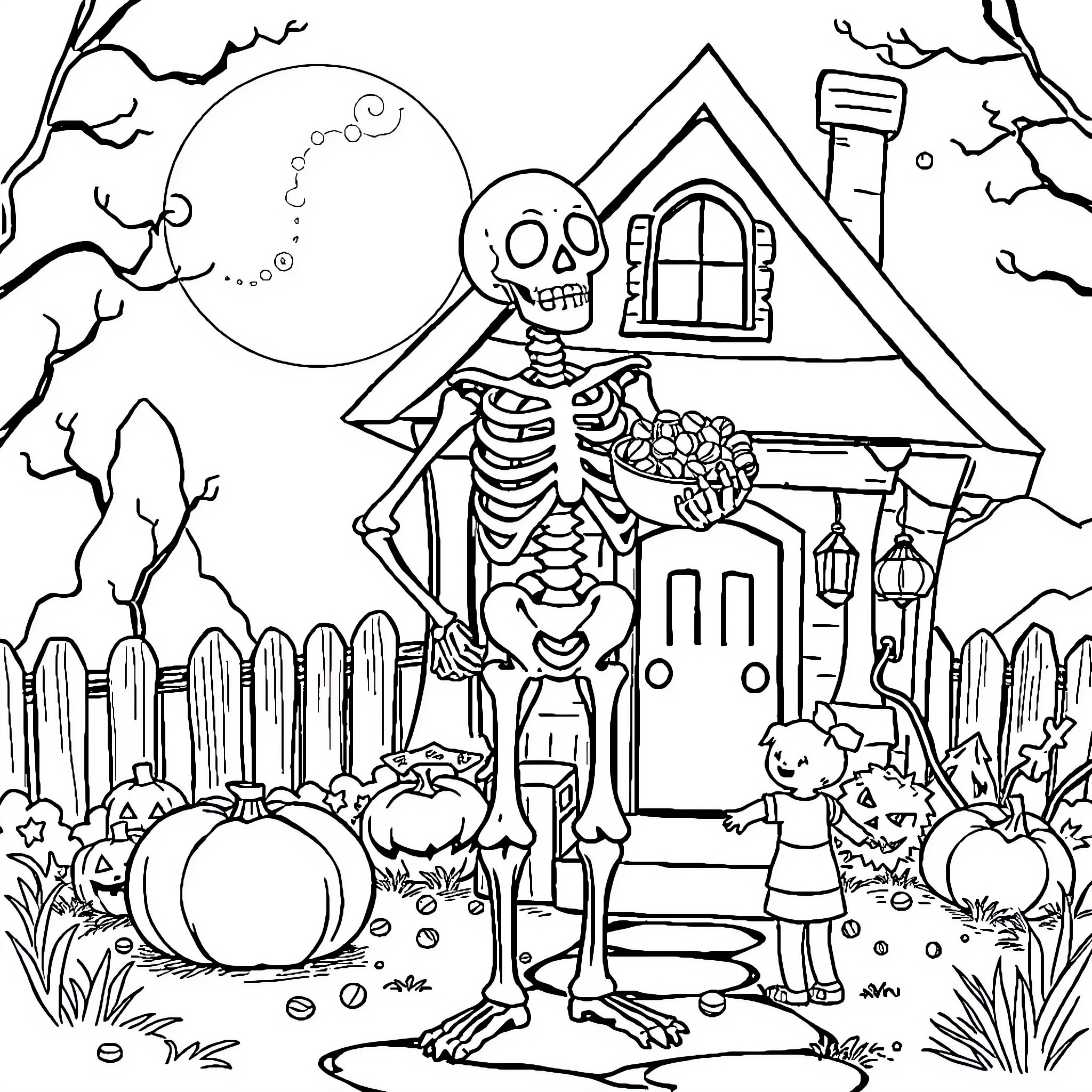 Skeleton spooks kids on Halloween night Coloring Page (free black-and-white line drawing printable PDF for all, from beginners to advanced learners, including children, teens, adults, and seniors)
