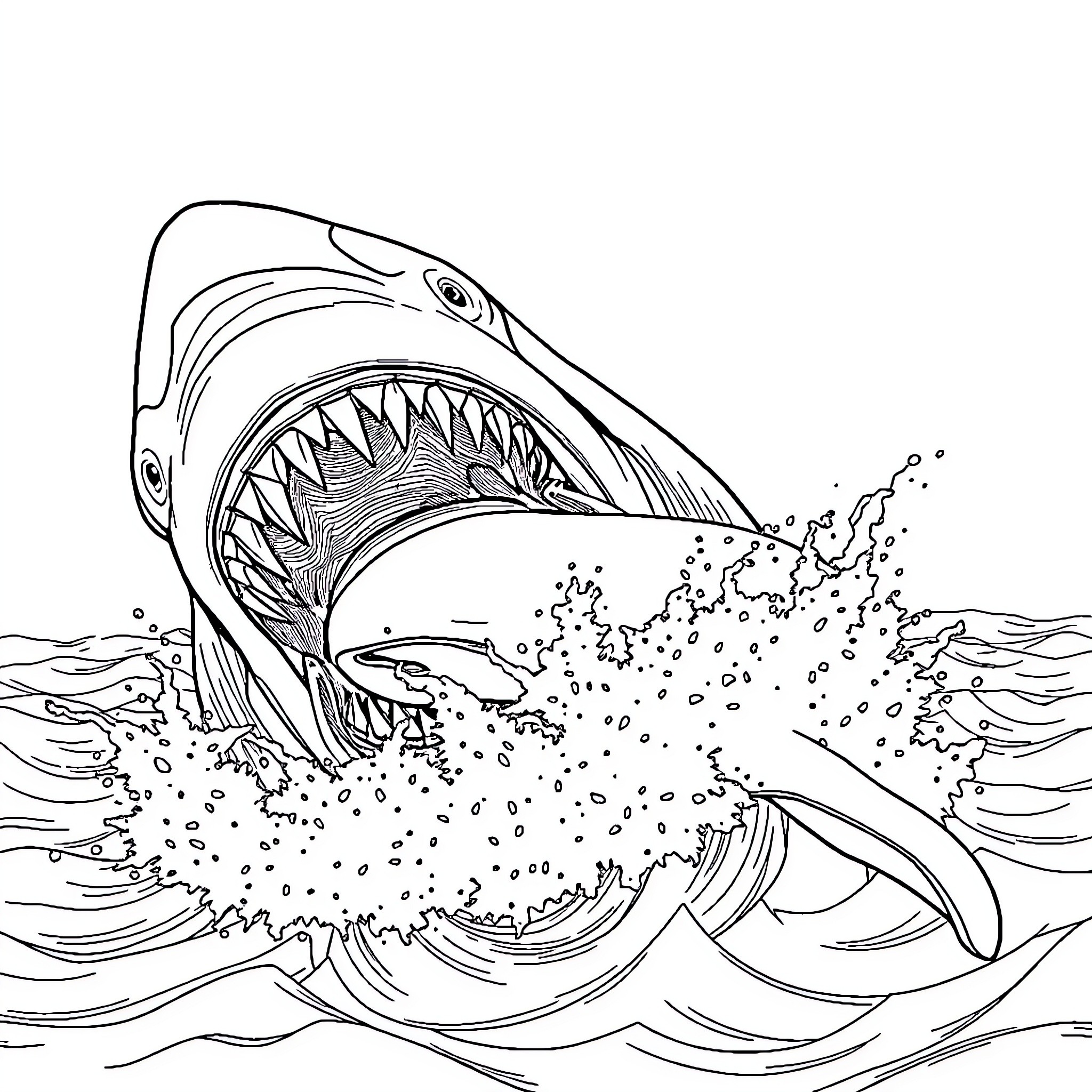 Megalodon shark in ferocious attack on waves Coloring Page (free black-and-white line drawing printable PDF for all, from beginners to advanced learners, including children, teens, adults, and seniors)
