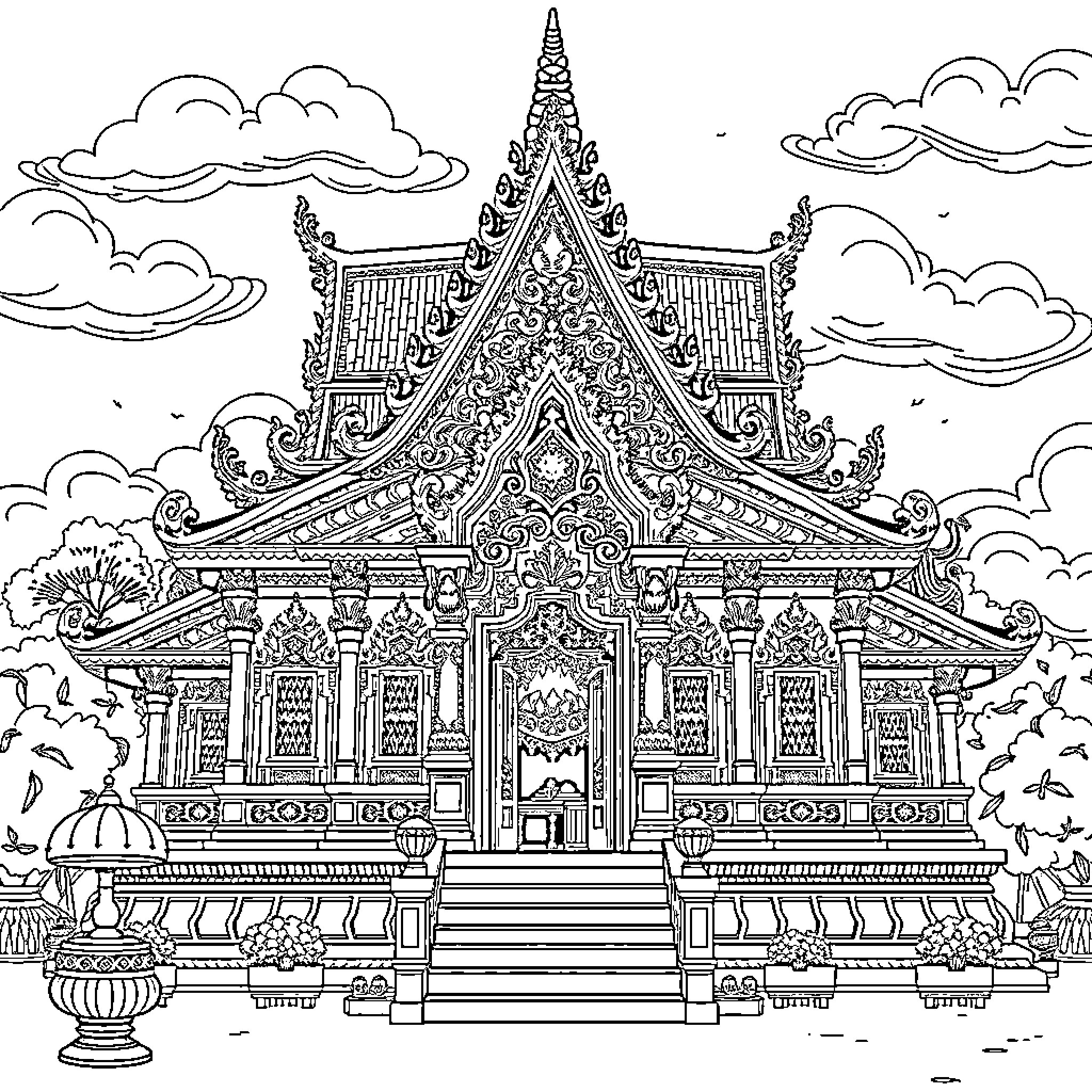 Temple adorned with intricate architectural details Coloring Page (free black-and-white line drawing printable PDF for all, from beginners to advanced learners, including children, teens, adults, and seniors)