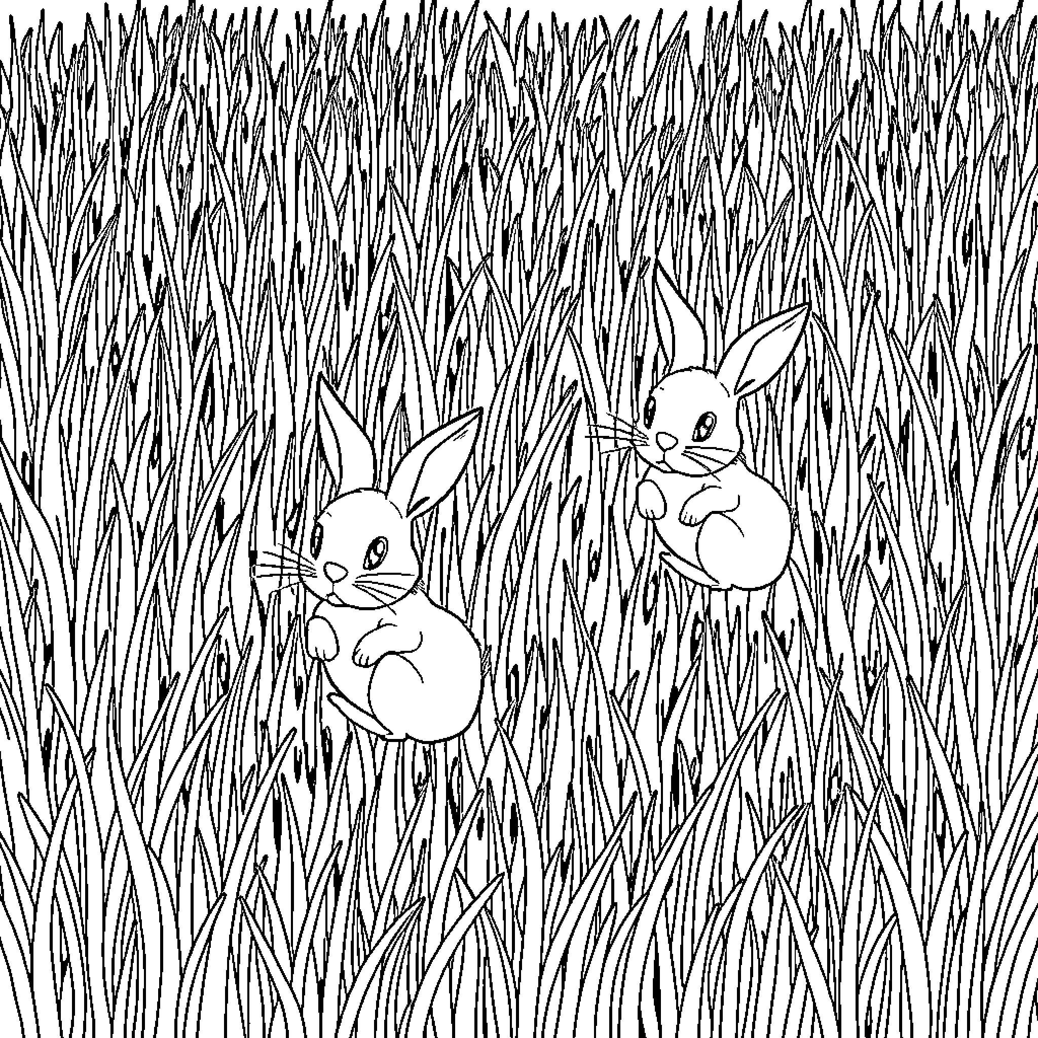 Rabbits Peeking Through Tall Grass Coloring Page (free black-and-white line drawing printable PDF for all, from beginners to advanced learners, including children, teens, adults, and seniors)