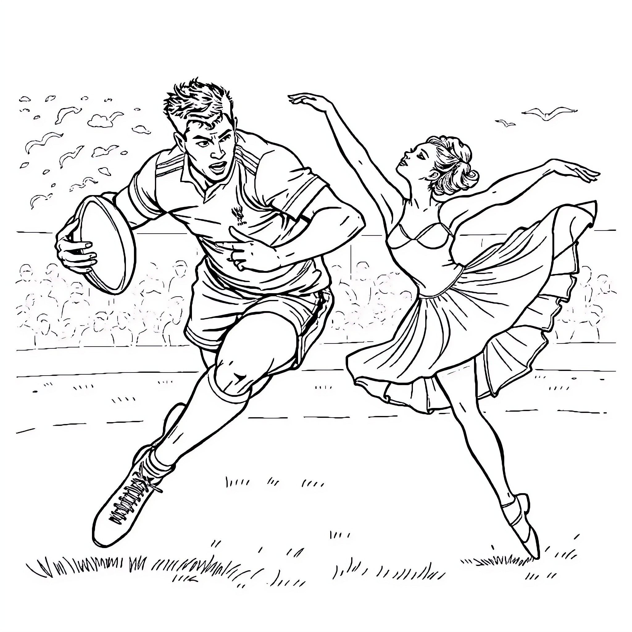 Rugby players in dynamic action with dancer Coloring Page (free black-and-white line drawing printable PDF for all, from beginners to advanced learners, including children, teens, adults, and seniors)