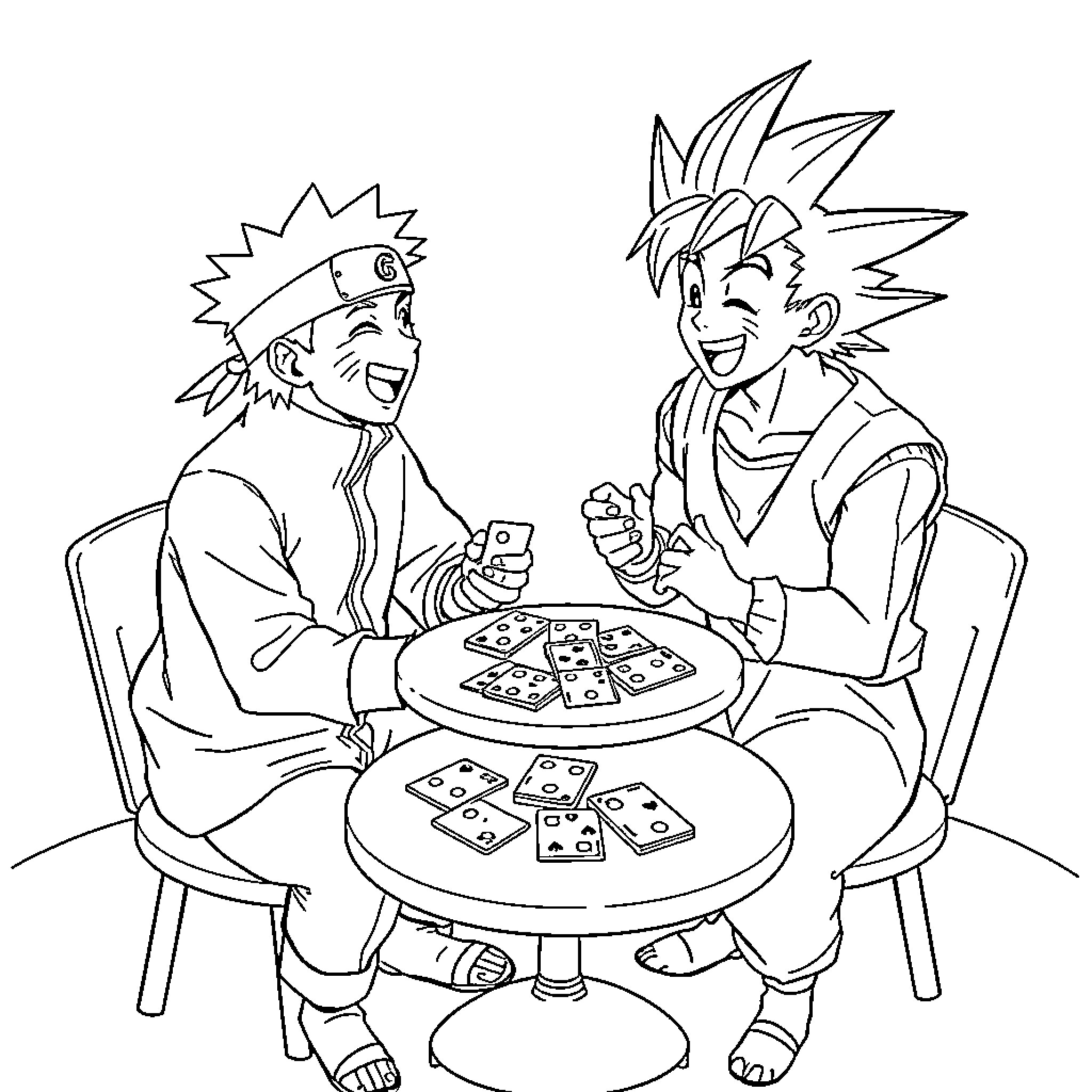 Naruto Characters Playing Card Game Together Coloring Page (free black-and-white line drawing printable PDF for all, from beginners to advanced learners, including children, teens, adults, and seniors)