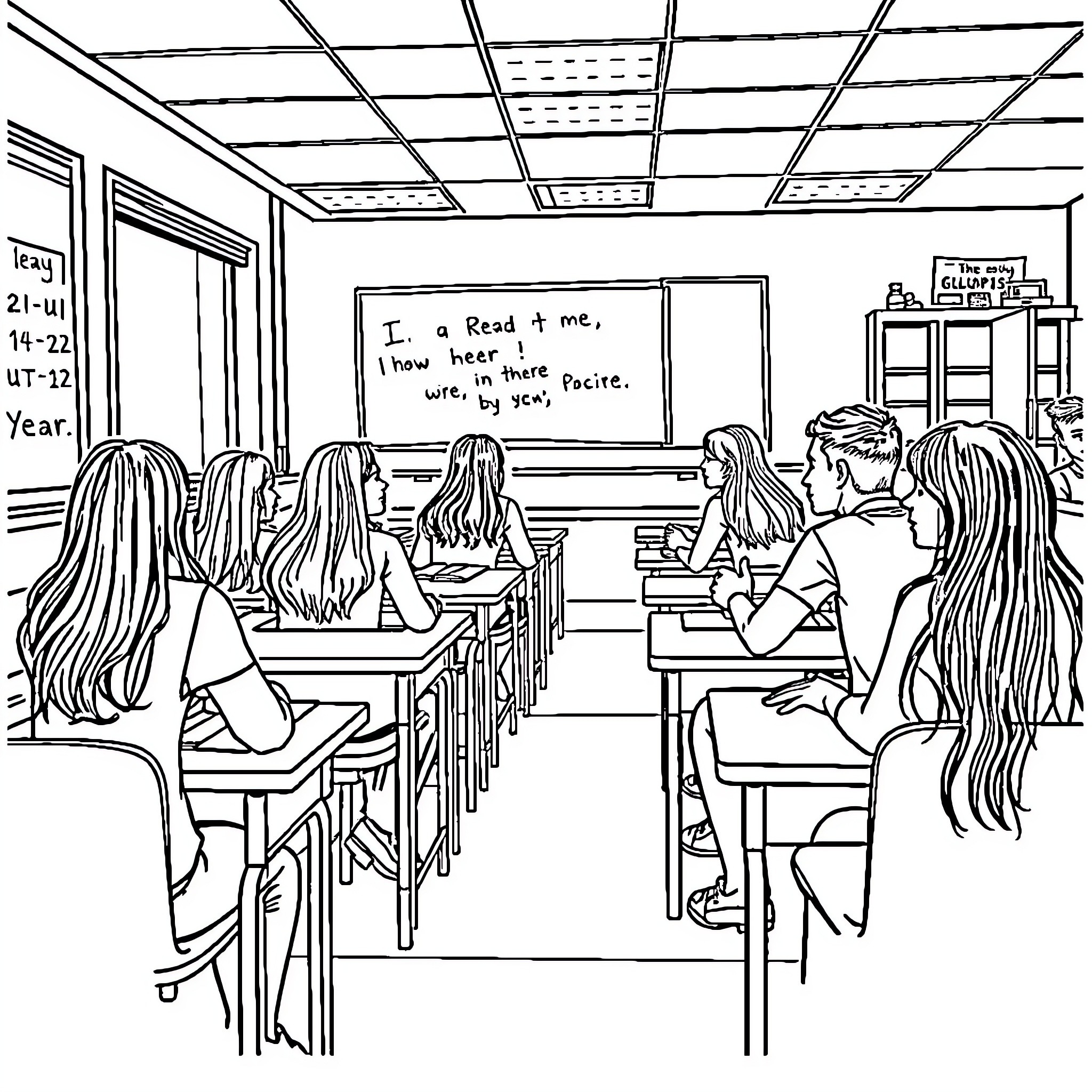 Students Participating in Classroom Discussion Coloring Page (free black-and-white line drawing printable PDF for all, from beginners to advanced learners, including children, teens, adults, and seniors)