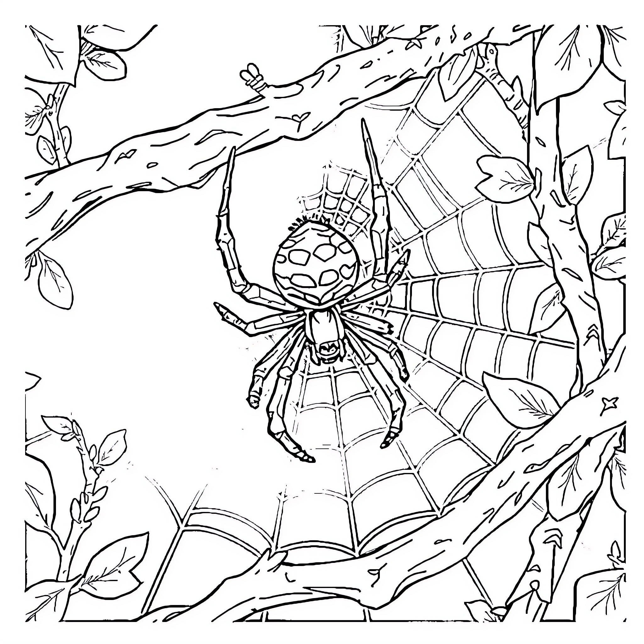 Spider weaving intricate web in the forest Coloring Page (free black-and-white line drawing printable PDF for all, from beginners to advanced learners, including children, teens, adults, and seniors)