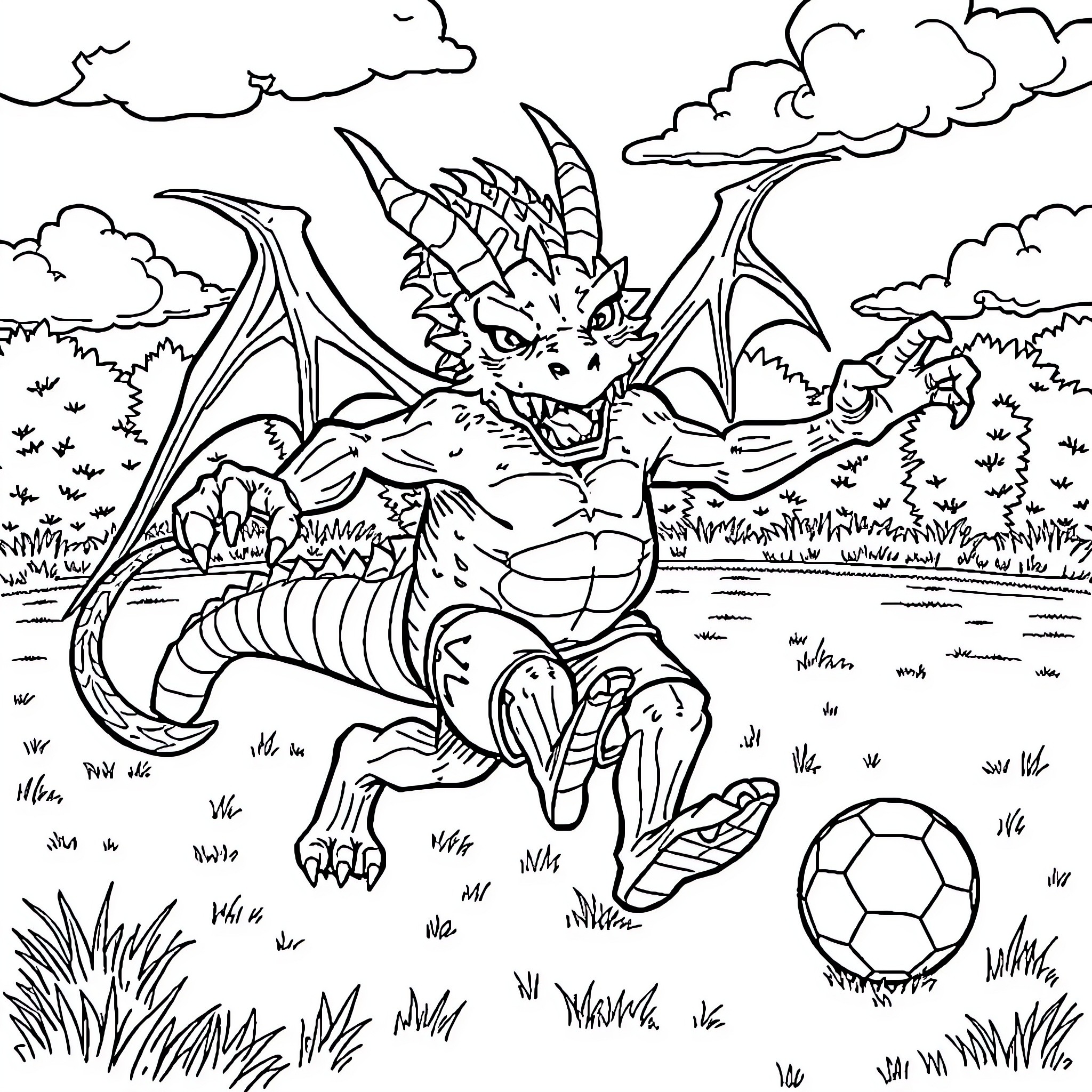 Demogorgon playing with a soccer ball in a grassy field Coloring Page (free black-and-white line drawing printable PDF for all, from beginners to advanced learners, including children, teens, adults, and seniors)