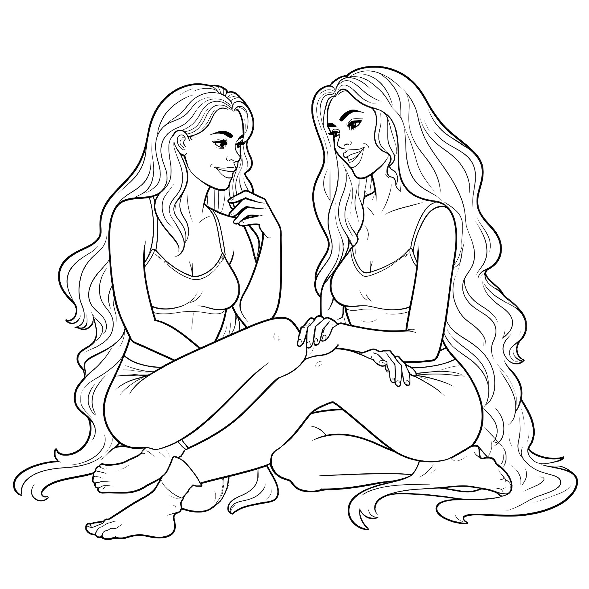 Beyonce and friend enjoying relaxing conversation Coloring Page (free black-and-white line drawing printable PDF for all, from beginners to advanced learners, including children, teens, adults, and seniors)