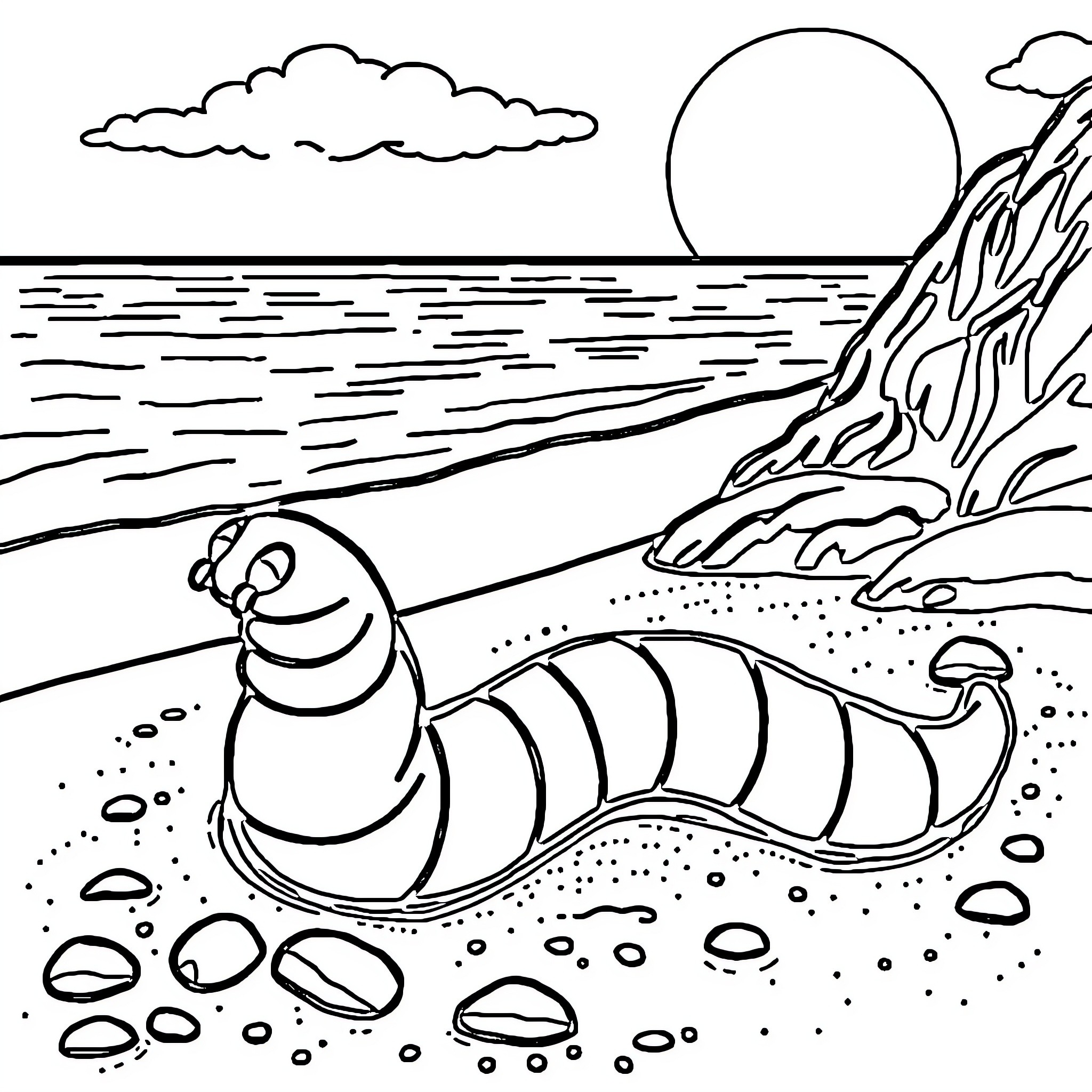Sandworm crawling on the beach at sunset Coloring Page (free black-and-white line drawing printable PDF for all, from beginners to advanced learners, including children, teens, adults, and seniors)