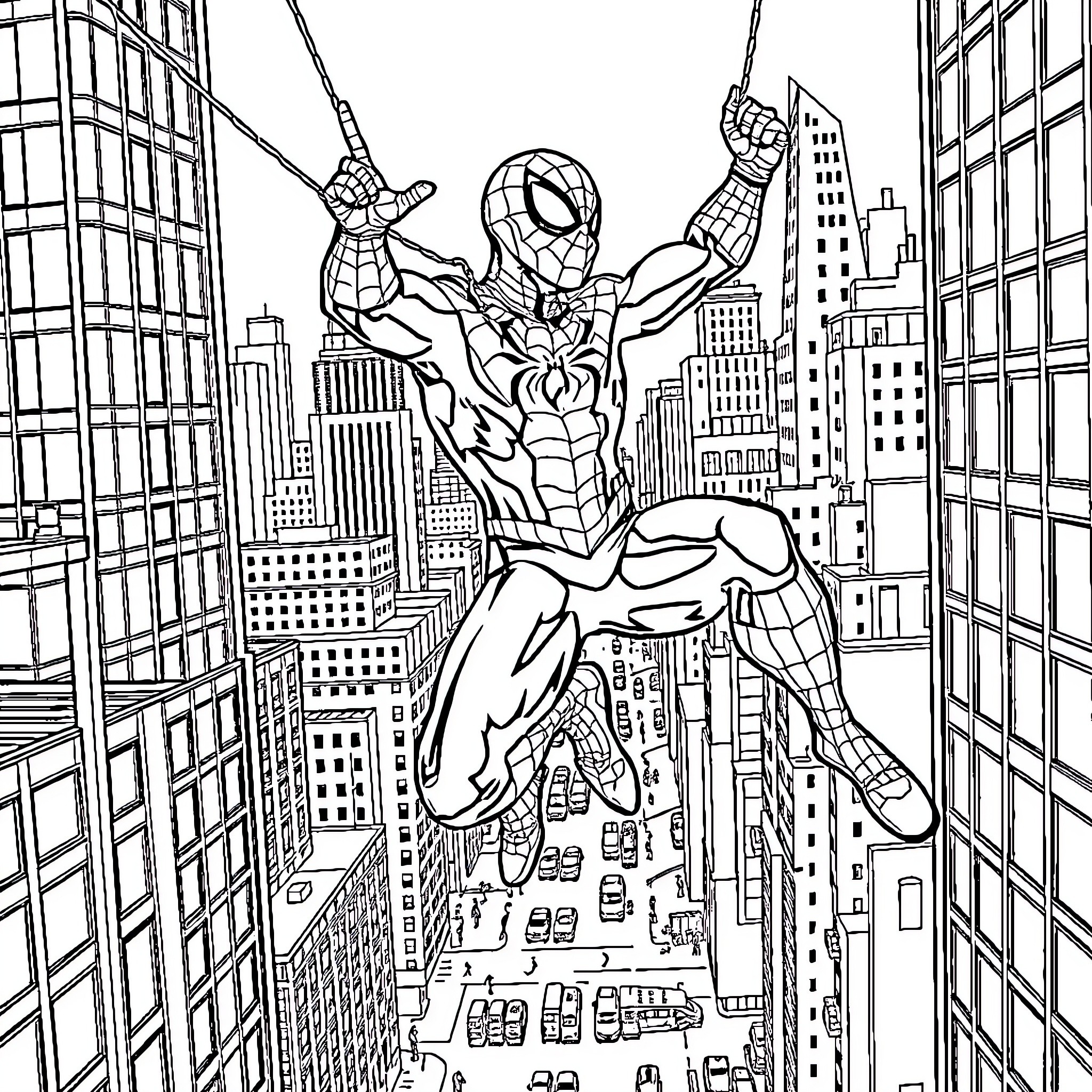Spiderman swinging through the city skyline Coloring Page (free black-and-white line drawing printable PDF for all, from beginners to advanced learners, including children, teens, adults, and seniors)