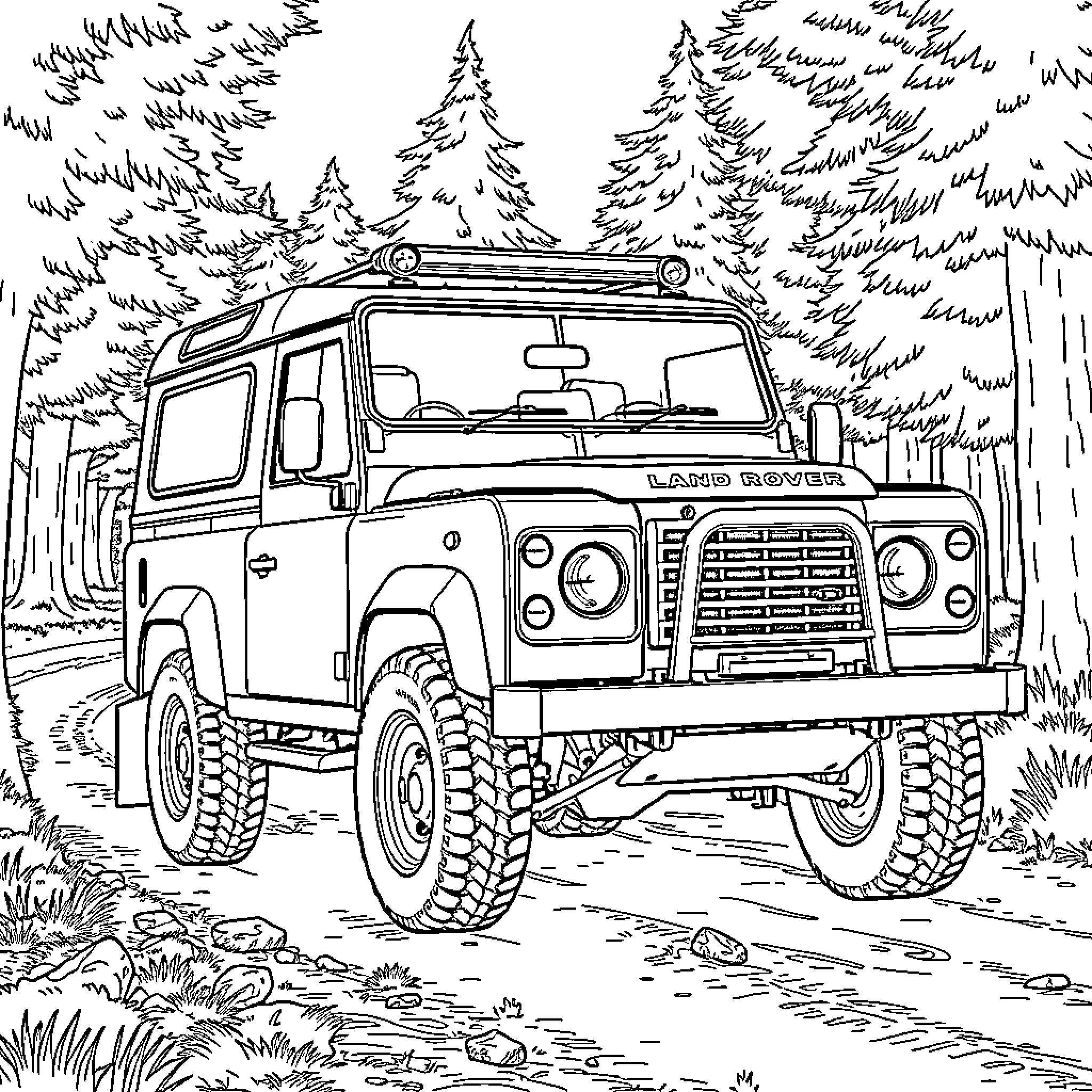 Land Rover traversing rugged off-road terrain Coloring Page (free black-and-white line drawing printable PDF for all, from beginners to advanced learners, including children, teens, adults, and seniors)