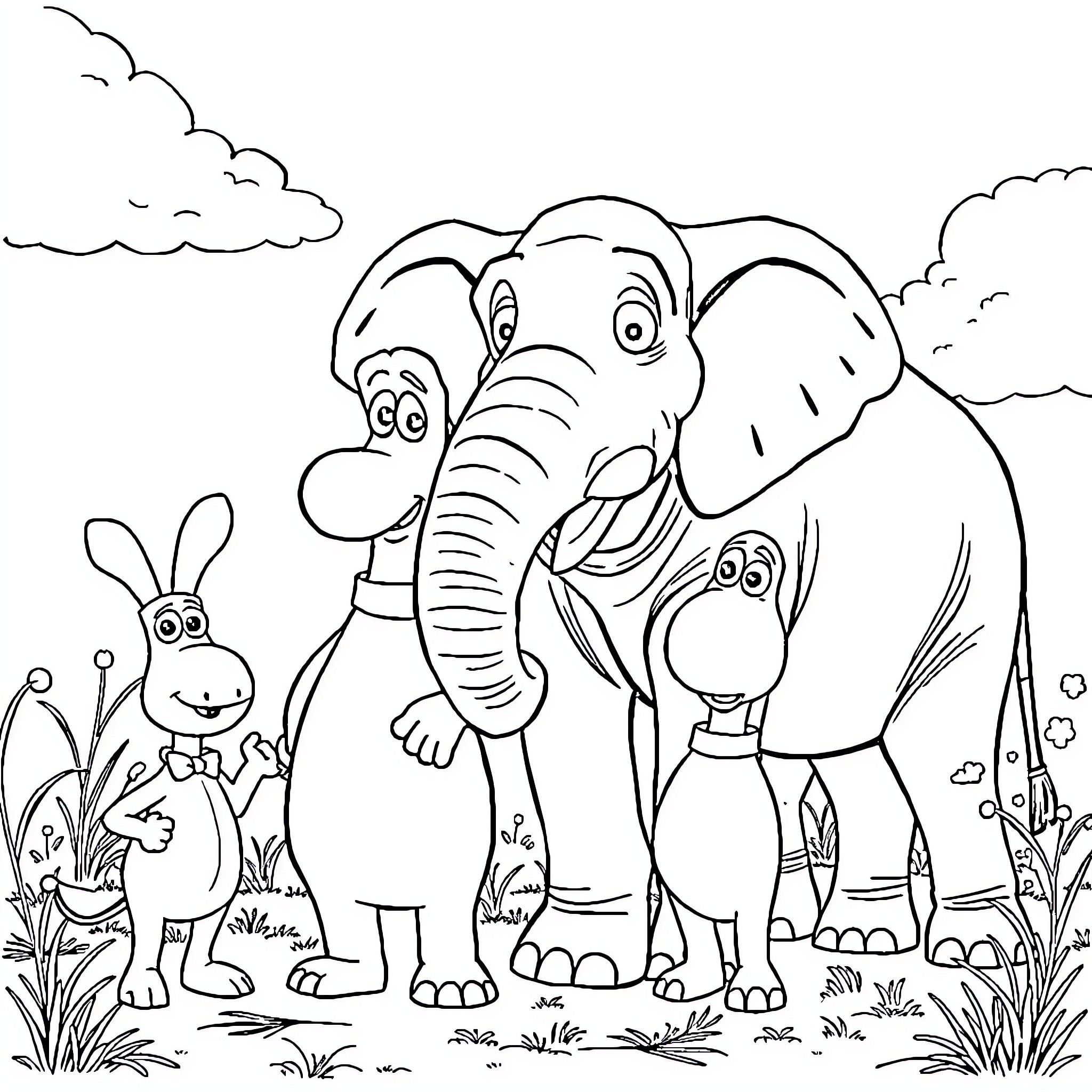 Elephant family in the meadow Coloring Page (free black-and-white line drawing printable PDF for all, from beginners to advanced learners, including children, teens, adults, and seniors)