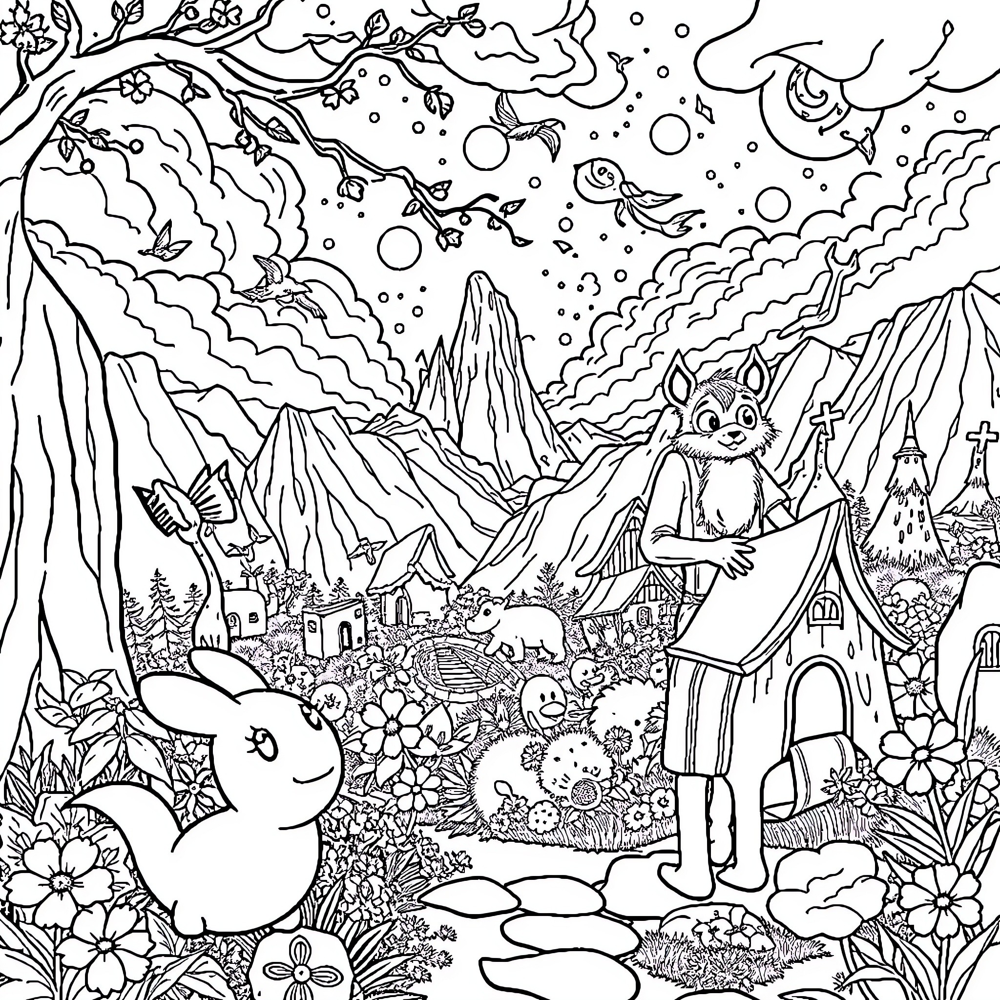 Picsou's Whimsical Adventure in the Enchanted Forest Coloring Page (free black-and-white line drawing printable PDF for all, from beginners to advanced learners, including children, teens, adults, and seniors)