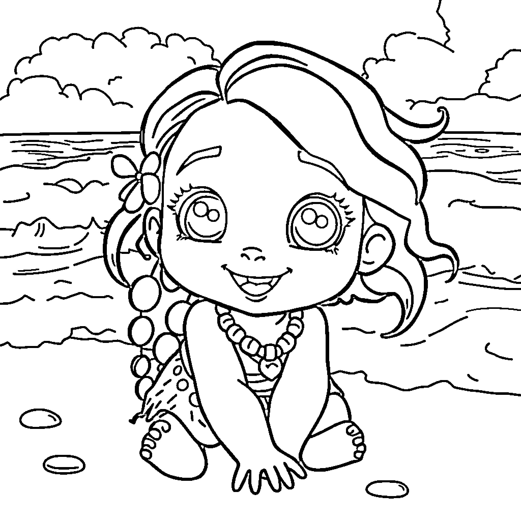 Moana enjoying a day at the beach Coloring Page (free black-and-white line drawing printable PDF for all, from beginners to advanced learners, including children, teens, adults, and seniors)