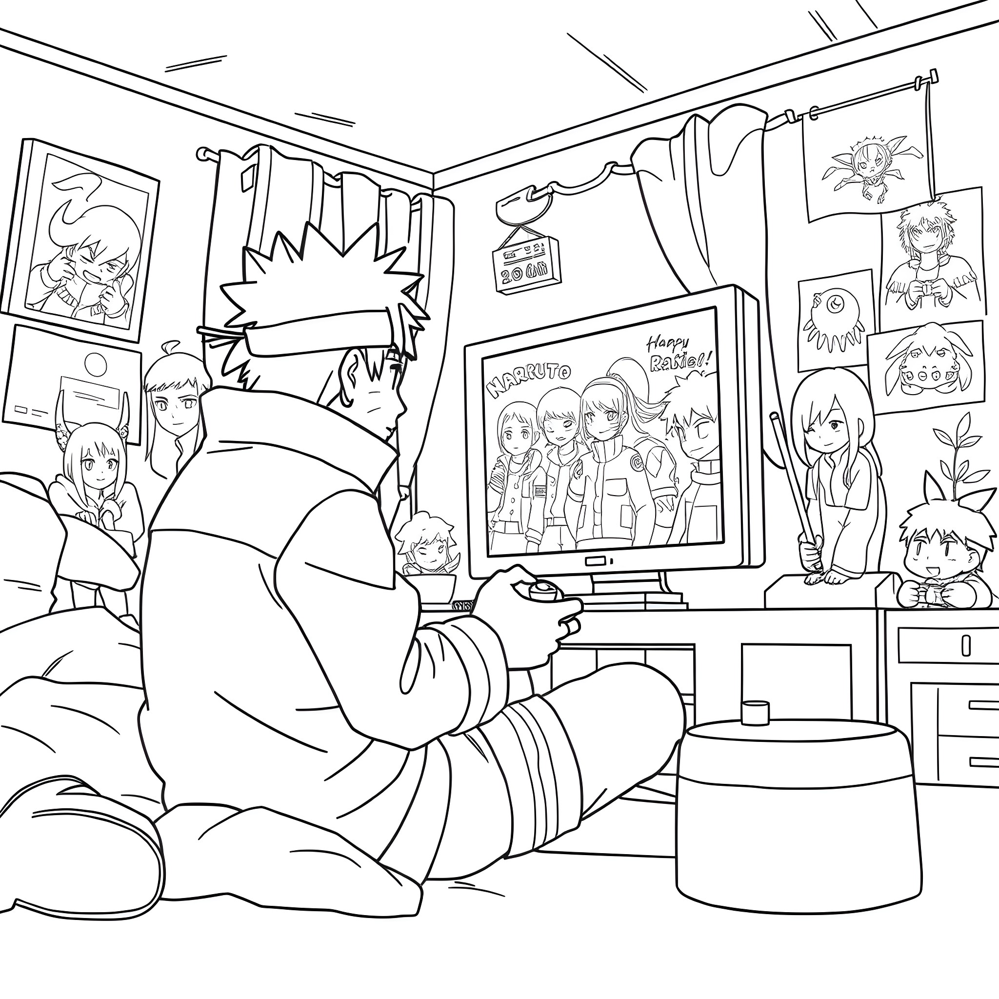 Naruto enjoying anime with friends in his room Coloring Page (free black-and-white line drawing printable PDF for all, from beginners to advanced learners, including children, teens, adults, and seniors)