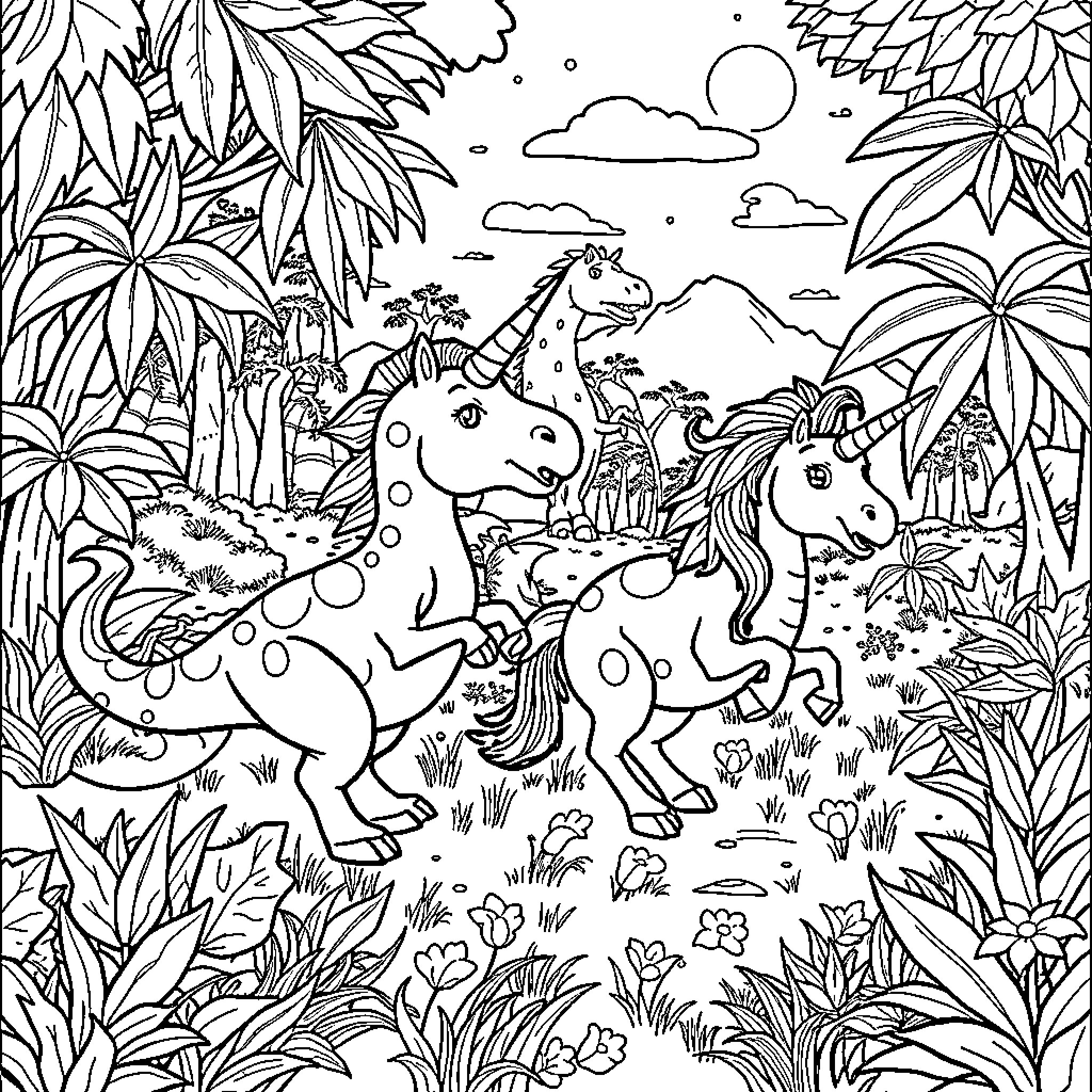 Dinosaurs playing together in a lush jungle landscape Coloring Page (free black-and-white line drawing printable PDF for all, from beginners to advanced learners, including children, teens, adults, and seniors)