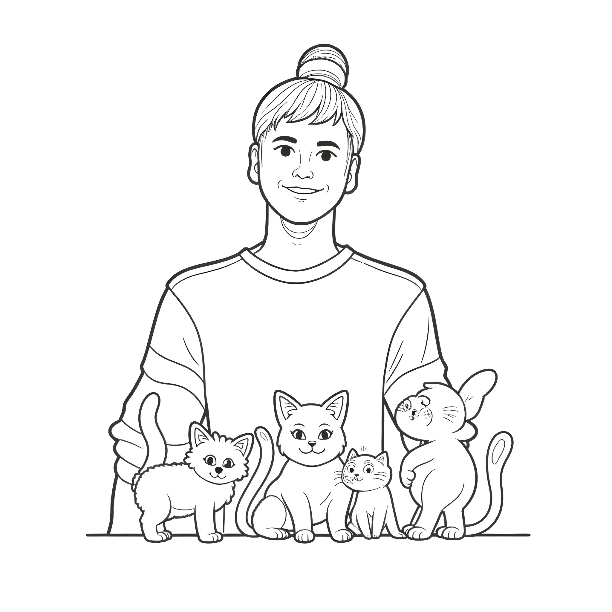 Man surrounded by happy kittens Coloring Page (free black-and-white line drawing printable PDF for all, from beginners to advanced learners, including children, teens, adults, and seniors)