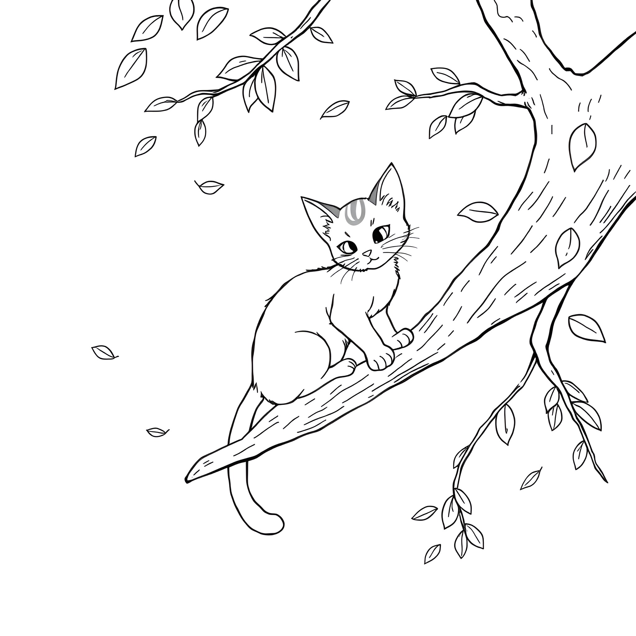 Catboy exploring autumn leaves on a tree branch Coloring Page (free black-and-white line drawing printable PDF for all, from beginners to advanced learners, including children, teens, adults, and seniors)
