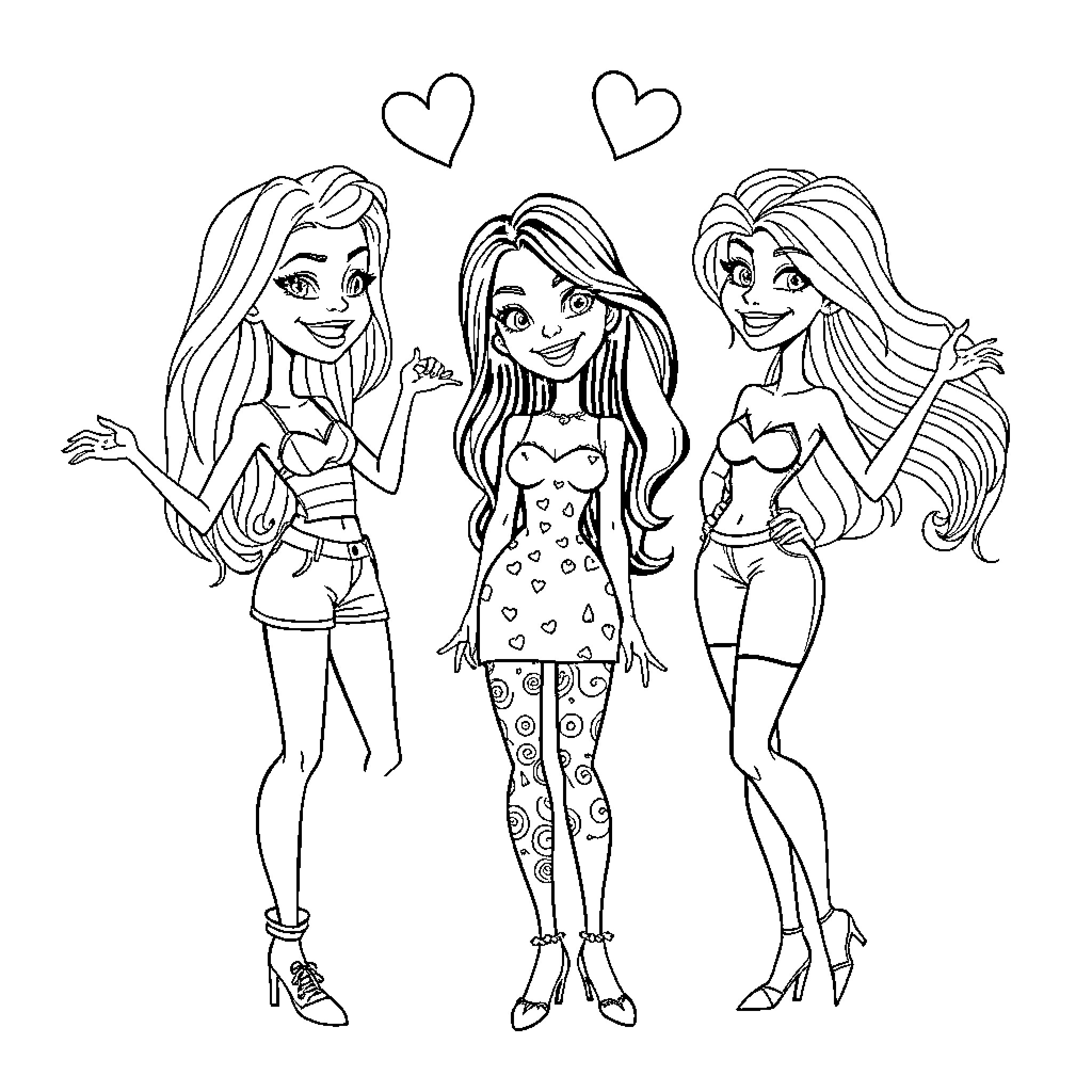 Cartoon Teens Expressing Happiness with Heart Symbols Coloring Page (free black-and-white line drawing printable PDF for all, from beginners to advanced learners, including children, teens, adults, and seniors)