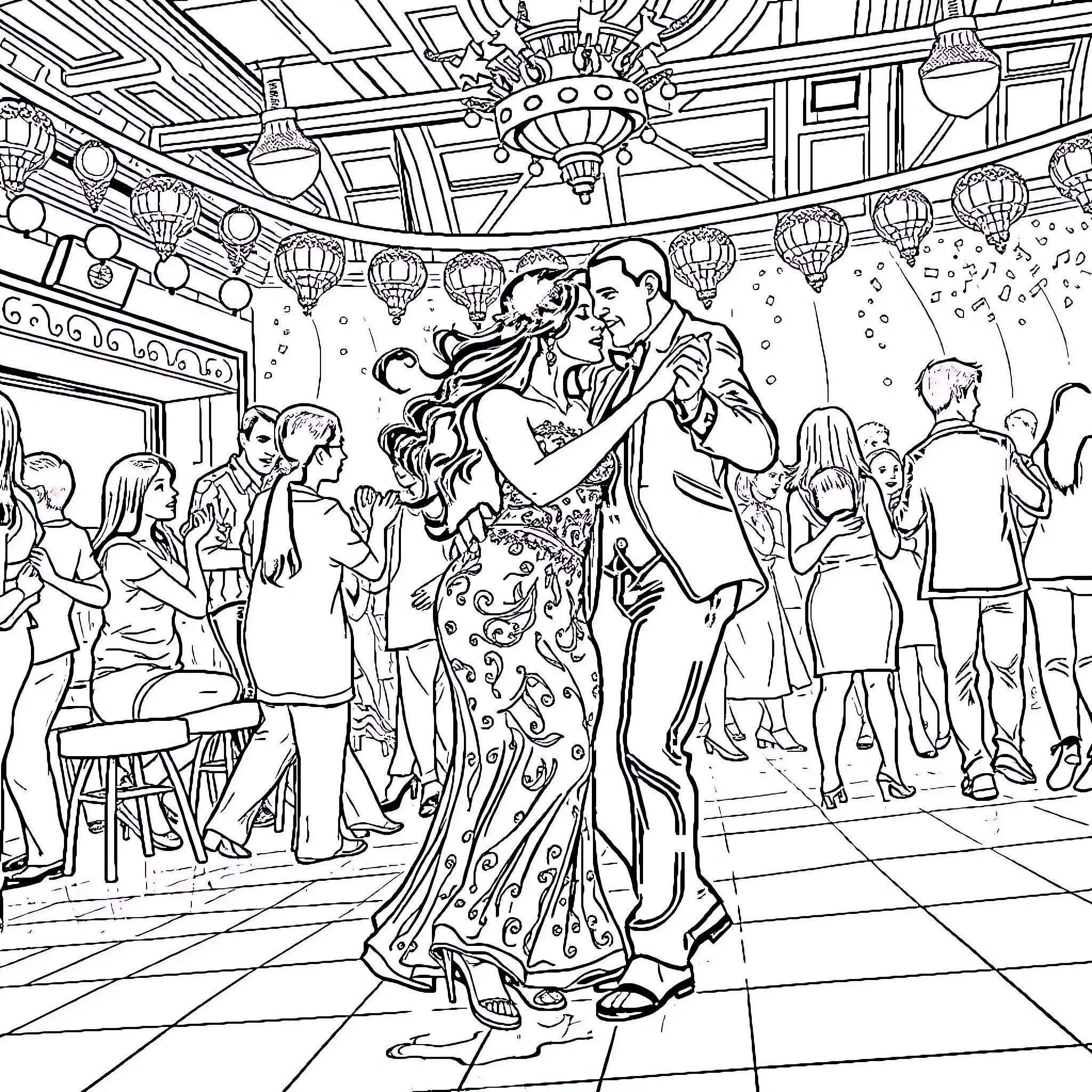 Wonder Woman and her partner dancing at a formal event Coloring Page (free black-and-white line drawing printable PDF for all, from beginners to advanced learners, including children, teens, adults, and seniors)