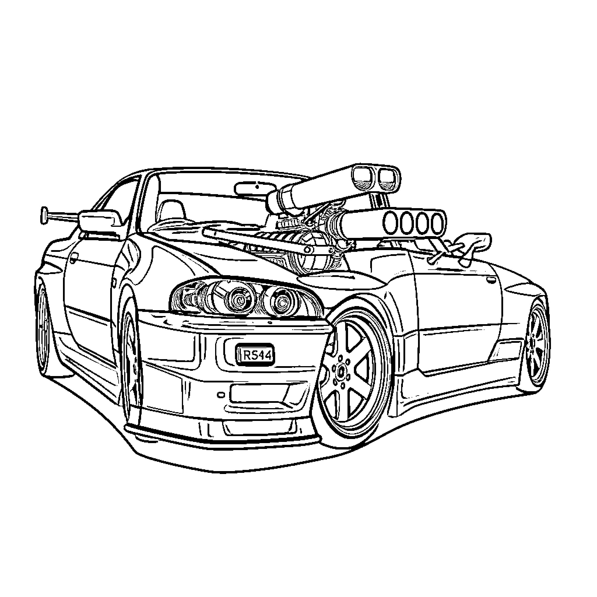 Nissan Skyline with Tuned Exterior and Body Kit Coloring Page (free black-and-white line drawing printable PDF for all, from beginners to advanced learners, including children, teens, adults, and seniors)