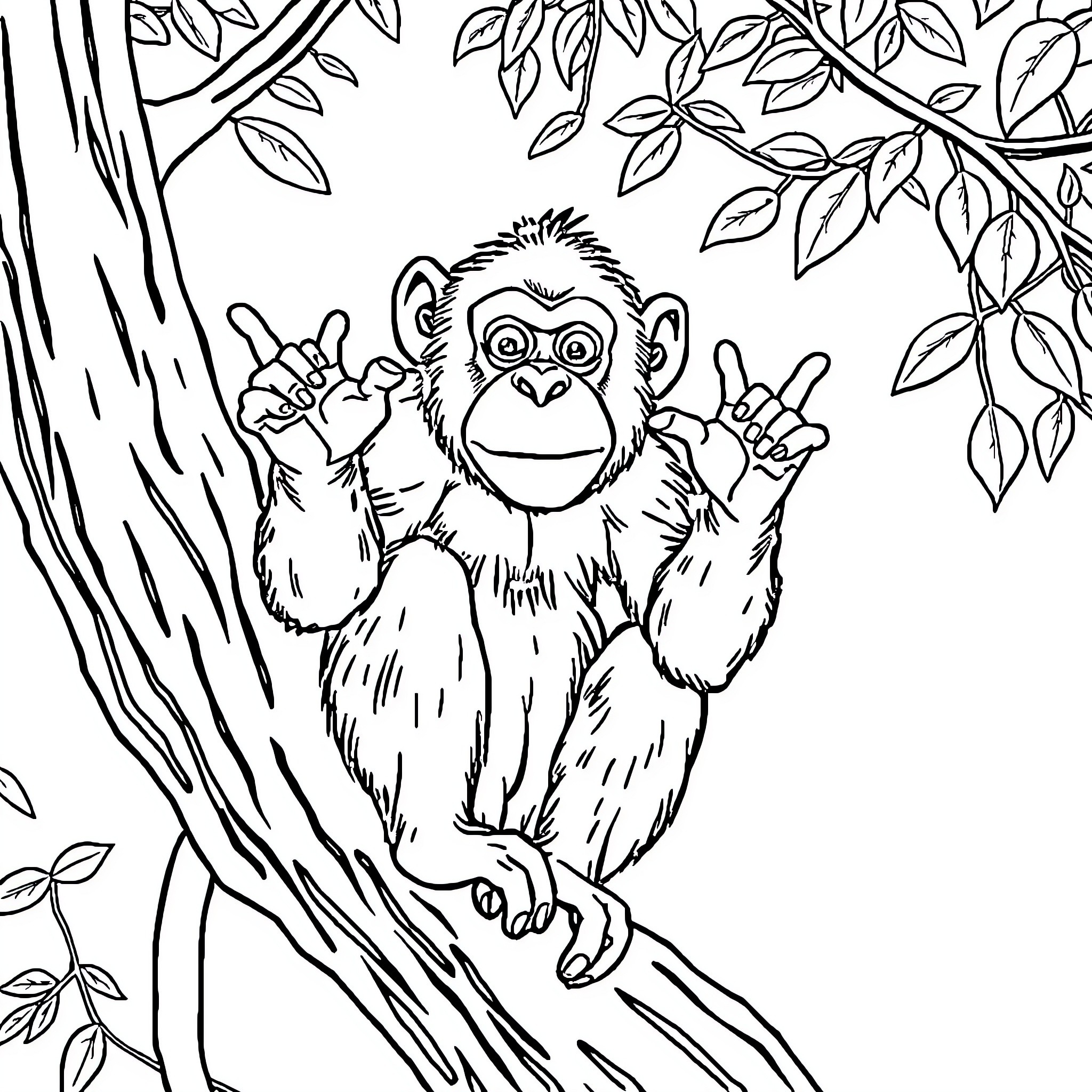Monkey making mischievous gestures in the forest Coloring Page (free black-and-white line drawing printable PDF for all, from beginners to advanced learners, including children, teens, adults, and seniors)