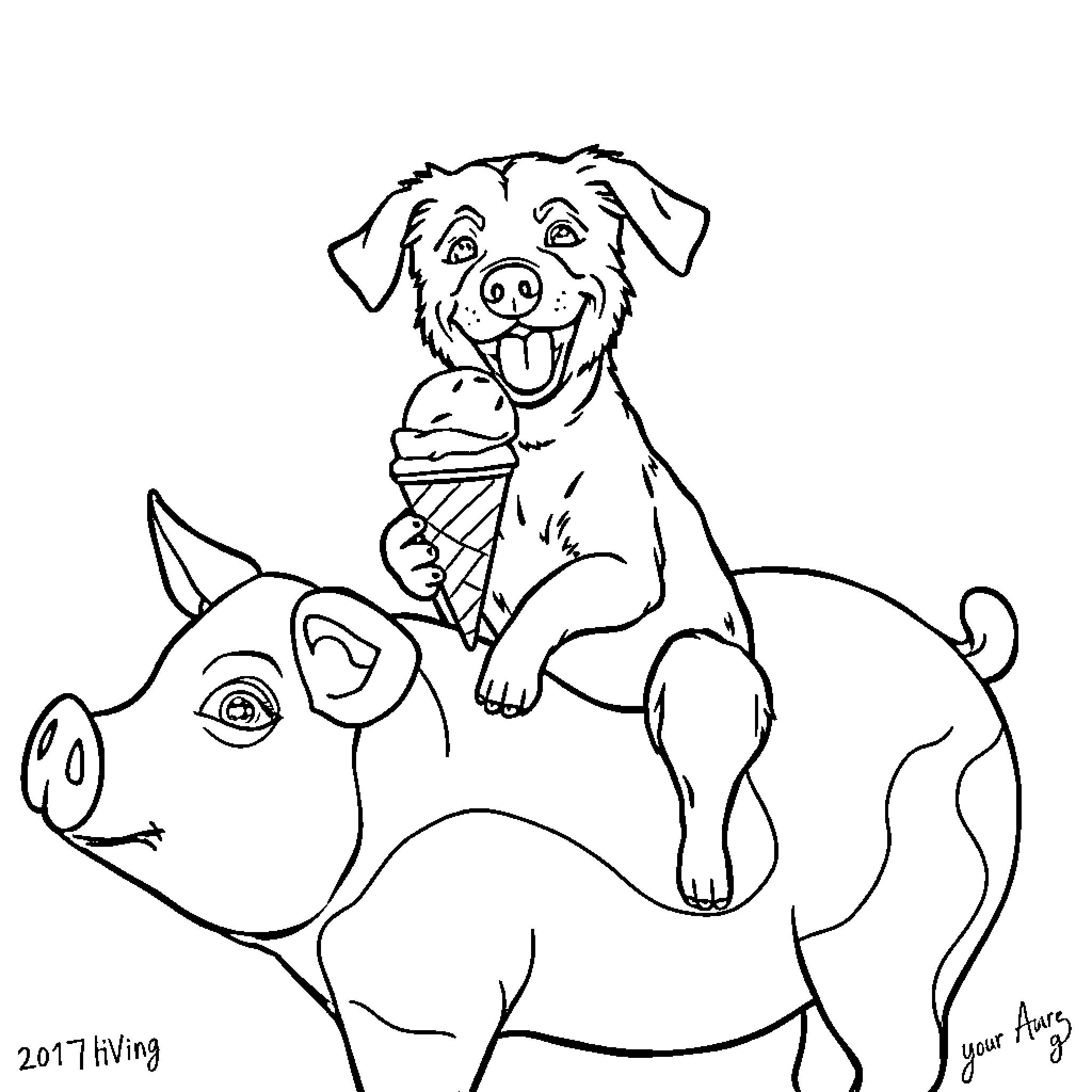 Dog riding happily on pig Coloring Page (free black-and-white line drawing printable PDF for all, from beginners to advanced learners, including children, teens, adults, and seniors)