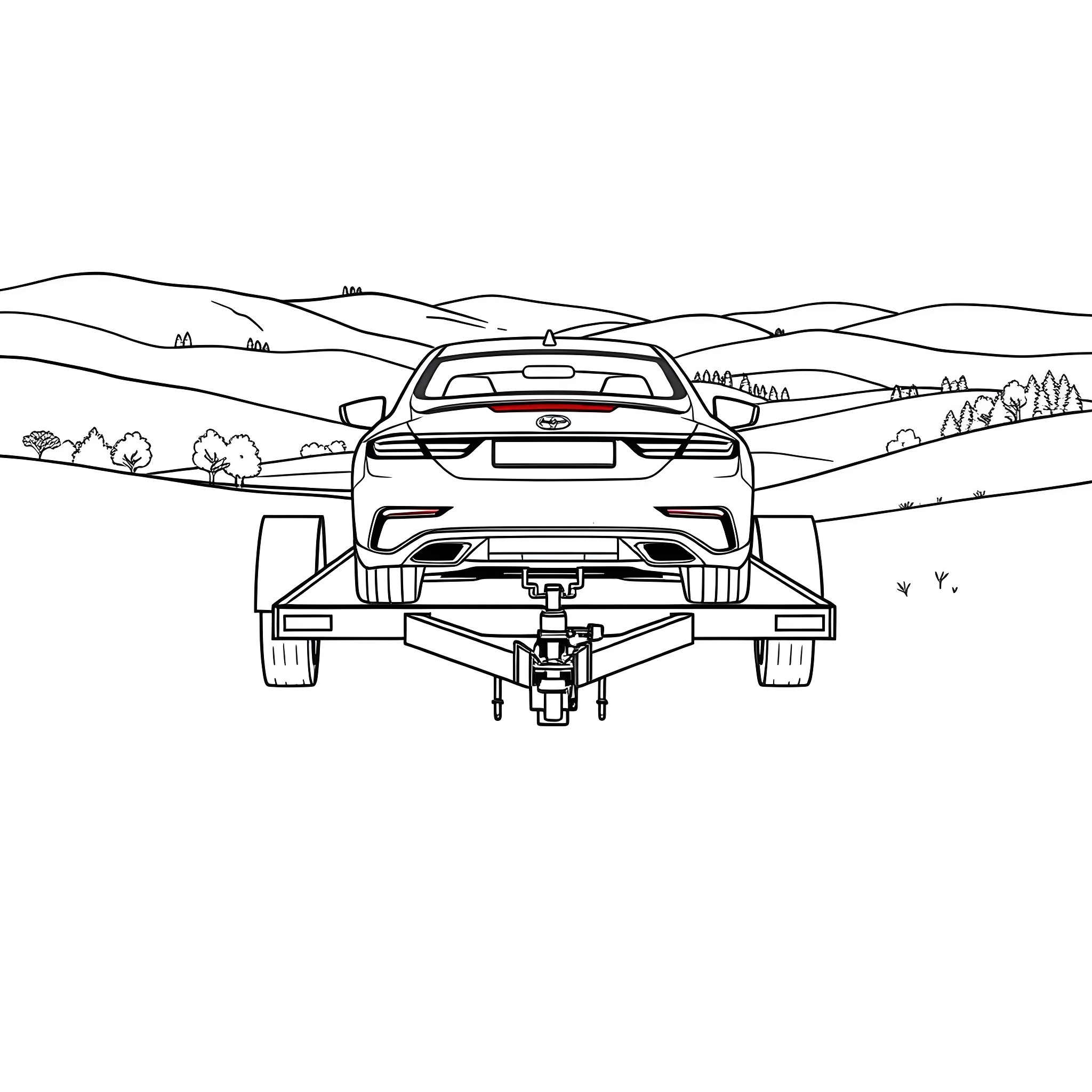 Car Trailer on the Road in Countryside Coloring Page (free black-and-white line drawing printable PDF for all, from beginners to advanced learners, including children, teens, adults, and seniors)