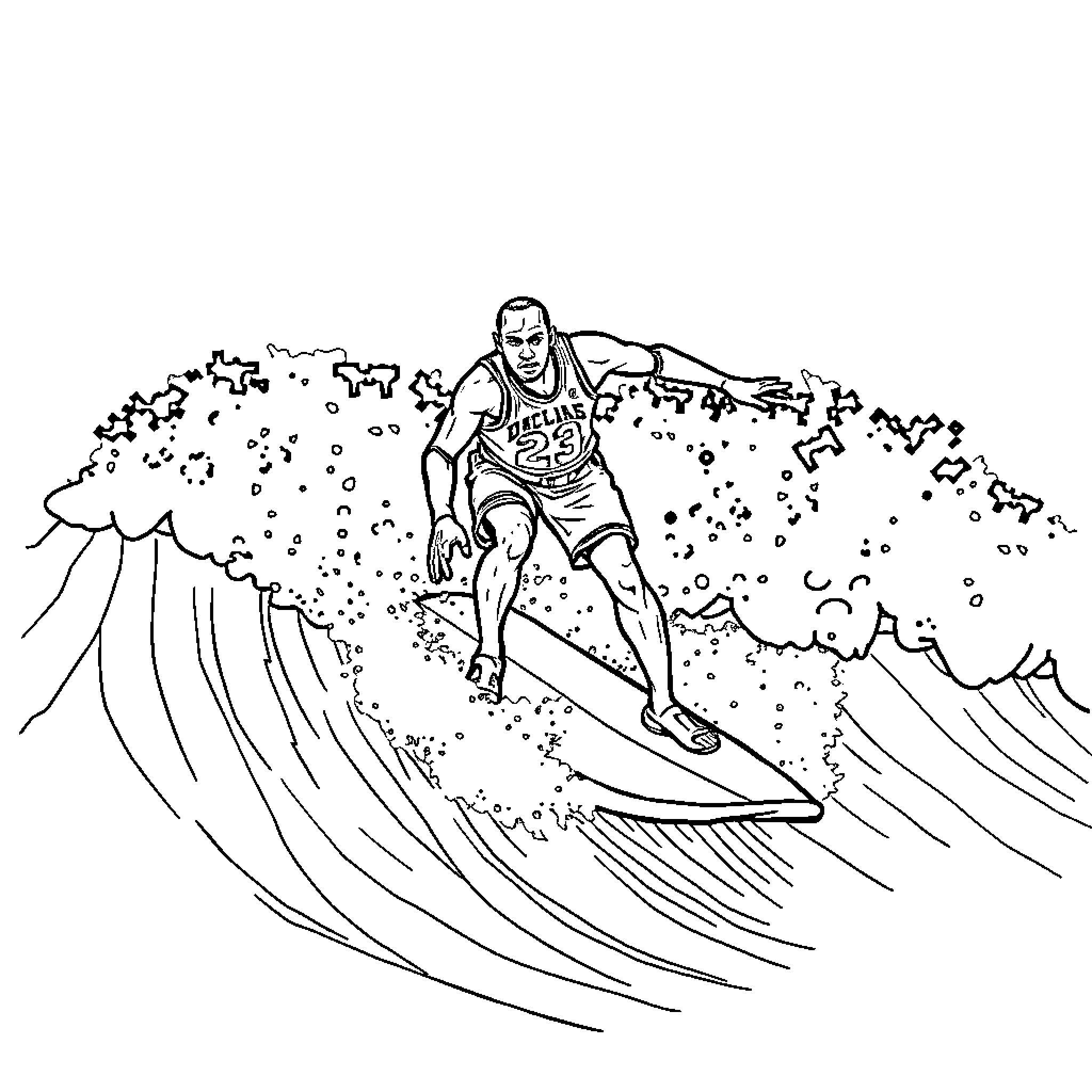 Michael Jordan surfing the waves with basketball jersey Coloring Page (free black-and-white line drawing printable PDF for all, from beginners to advanced learners, including children, teens, adults, and seniors)