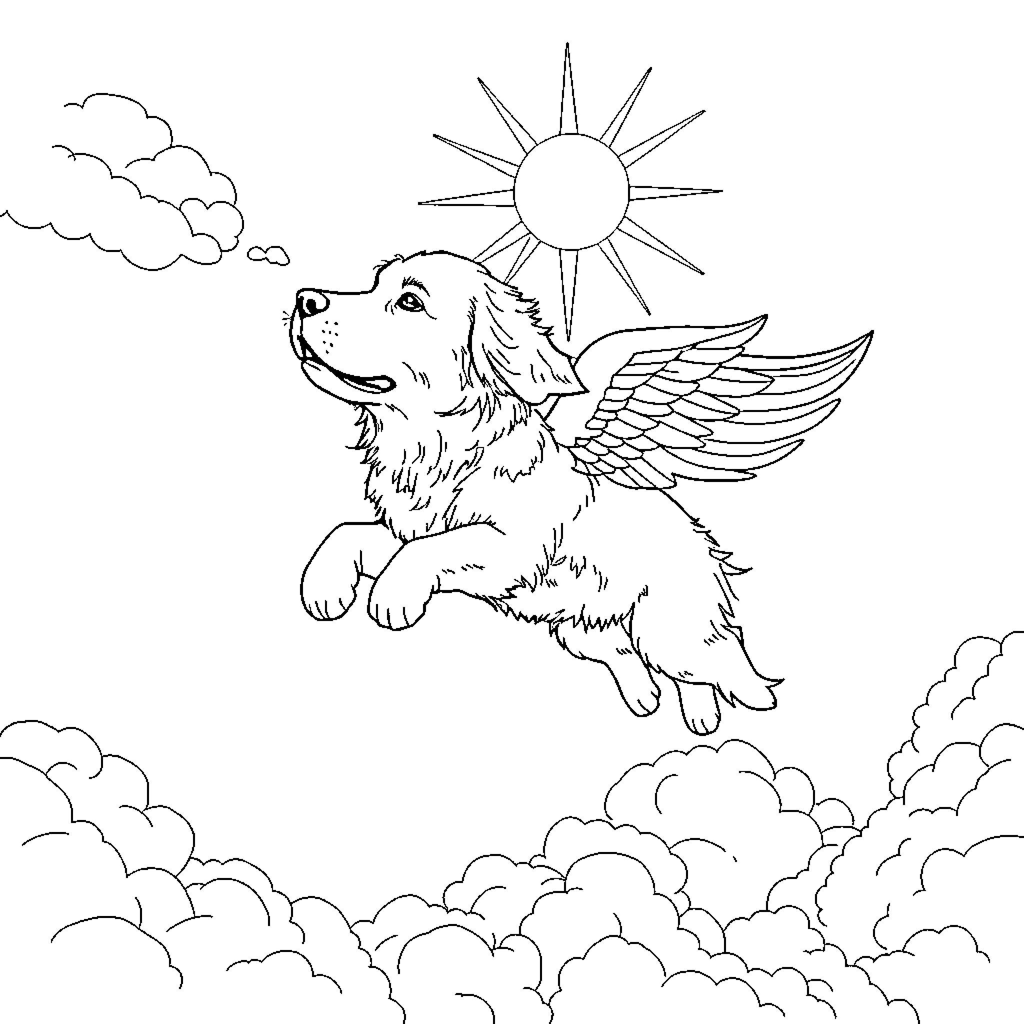 Golden Retriever soaring above the clouds Coloring Page (free black-and-white line drawing printable PDF for all, from beginners to advanced learners, including children, teens, adults, and seniors)