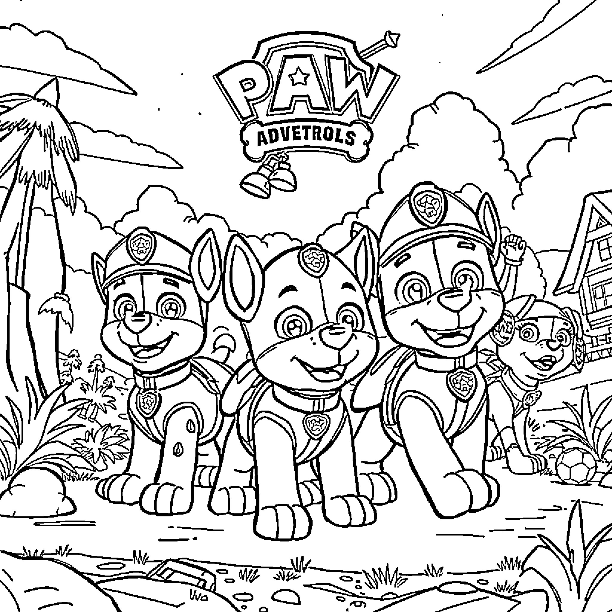 Paw Patrol Adventurers Explore the Outdoors Coloring Page (free black-and-white line drawing printable PDF for all, from beginners to advanced learners, including children, teens, adults, and seniors)