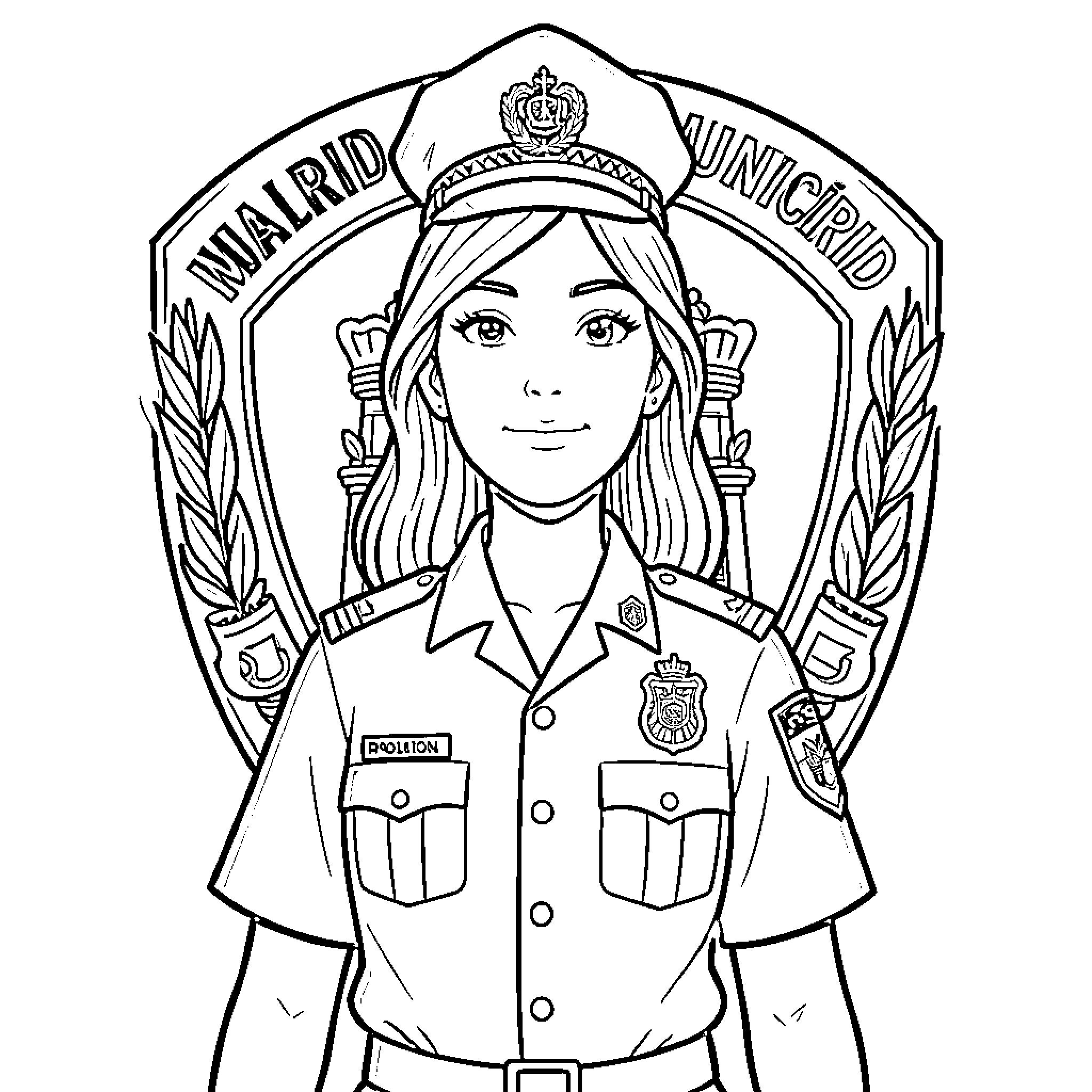 Policía: Smiling Uniform-Clad Officer Coloring Page (free black-and-white line drawing printable PDF for all, from beginners to advanced learners, including children, teens, adults, and seniors)