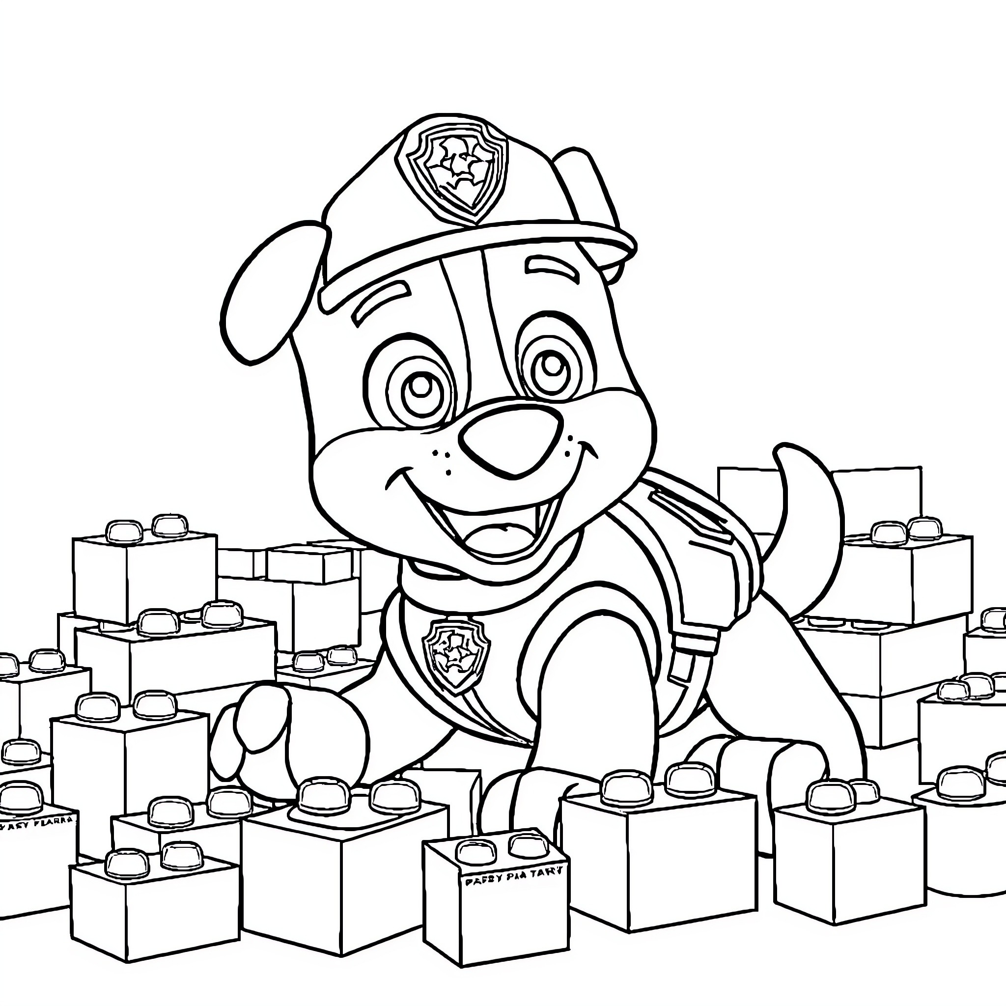 Rocky Building Blocks and Smiling Pup Coloring Page (free black-and-white line drawing printable PDF for all, from beginners to advanced learners, including children, teens, adults, and seniors)