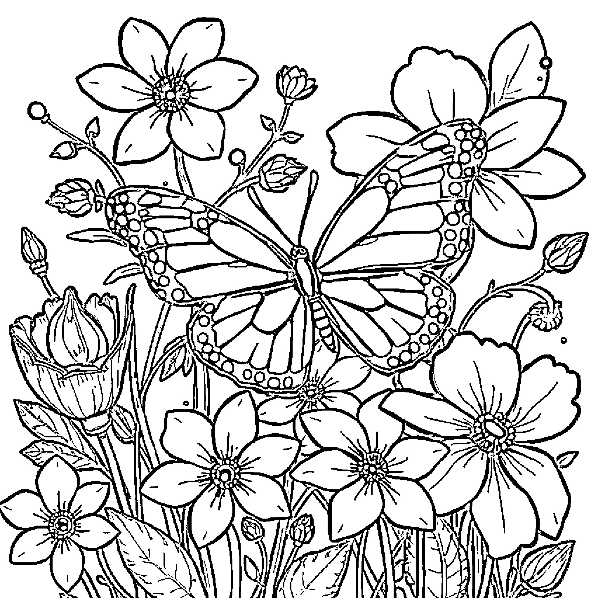 Butterfly resting among blooming flowers in a garden Coloring Page (free black-and-white line drawing printable PDF for all, from beginners to advanced learners, including children, teens, adults, and seniors)