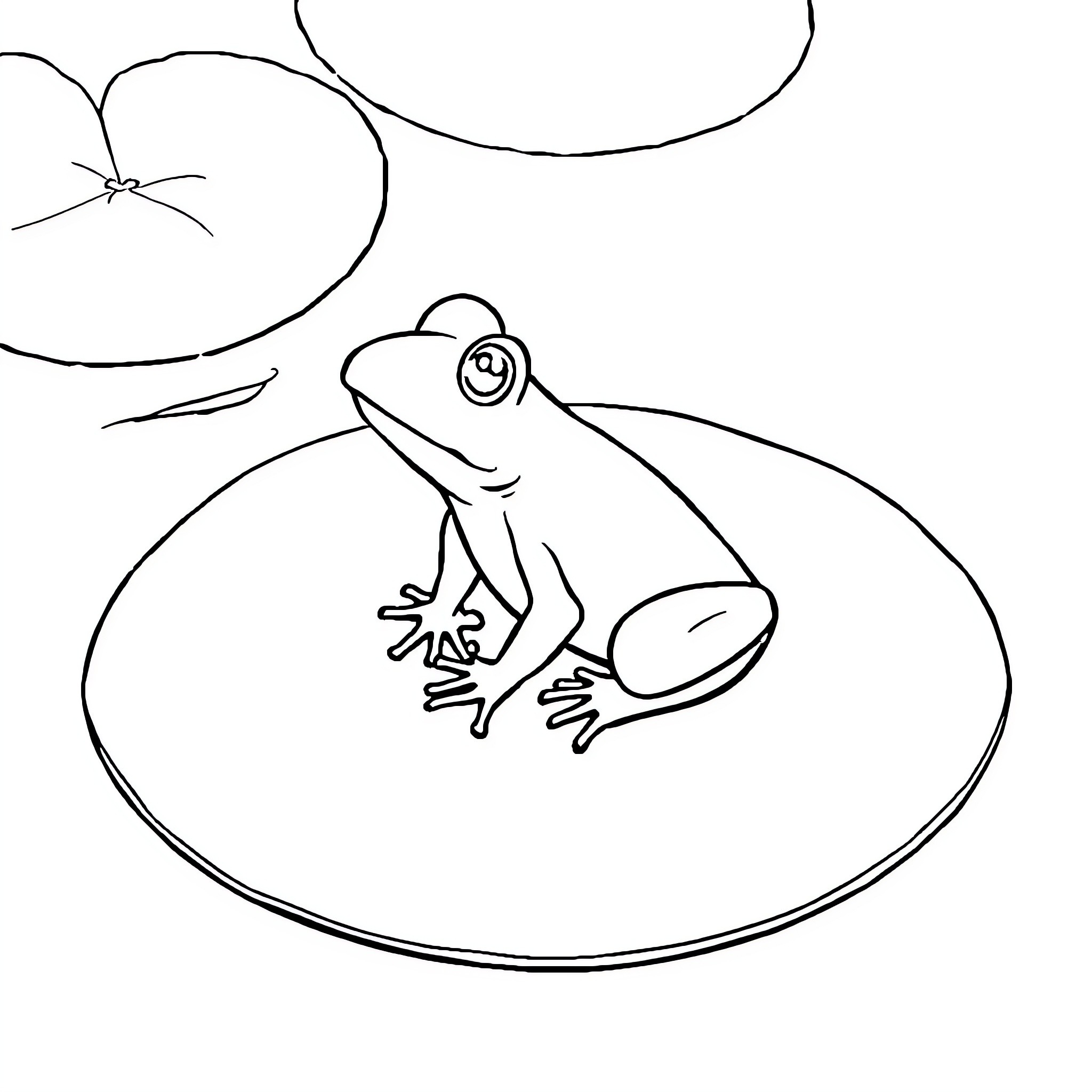 Frog resting peacefully on lily pad Coloring Page (free black-and-white line drawing printable PDF for all, from beginners to advanced learners, including children, teens, adults, and seniors)