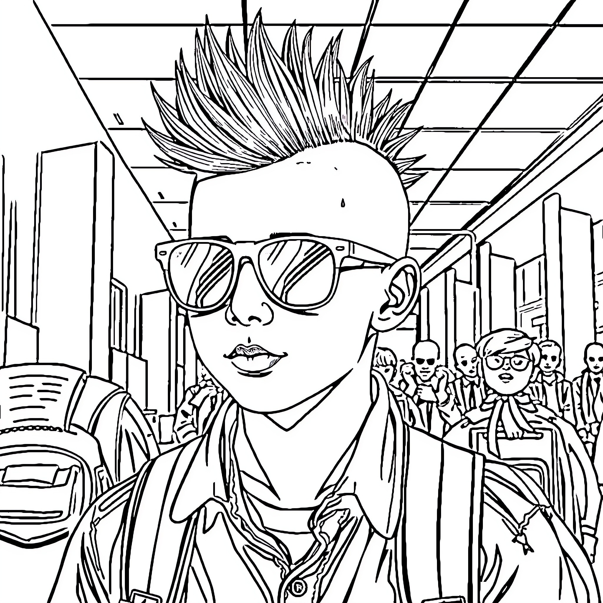 School Scene with Colorful Characters and Expressions Coloring Page (free black-and-white line drawing printable PDF for all, from beginners to advanced learners, including children, teens, adults, and seniors)