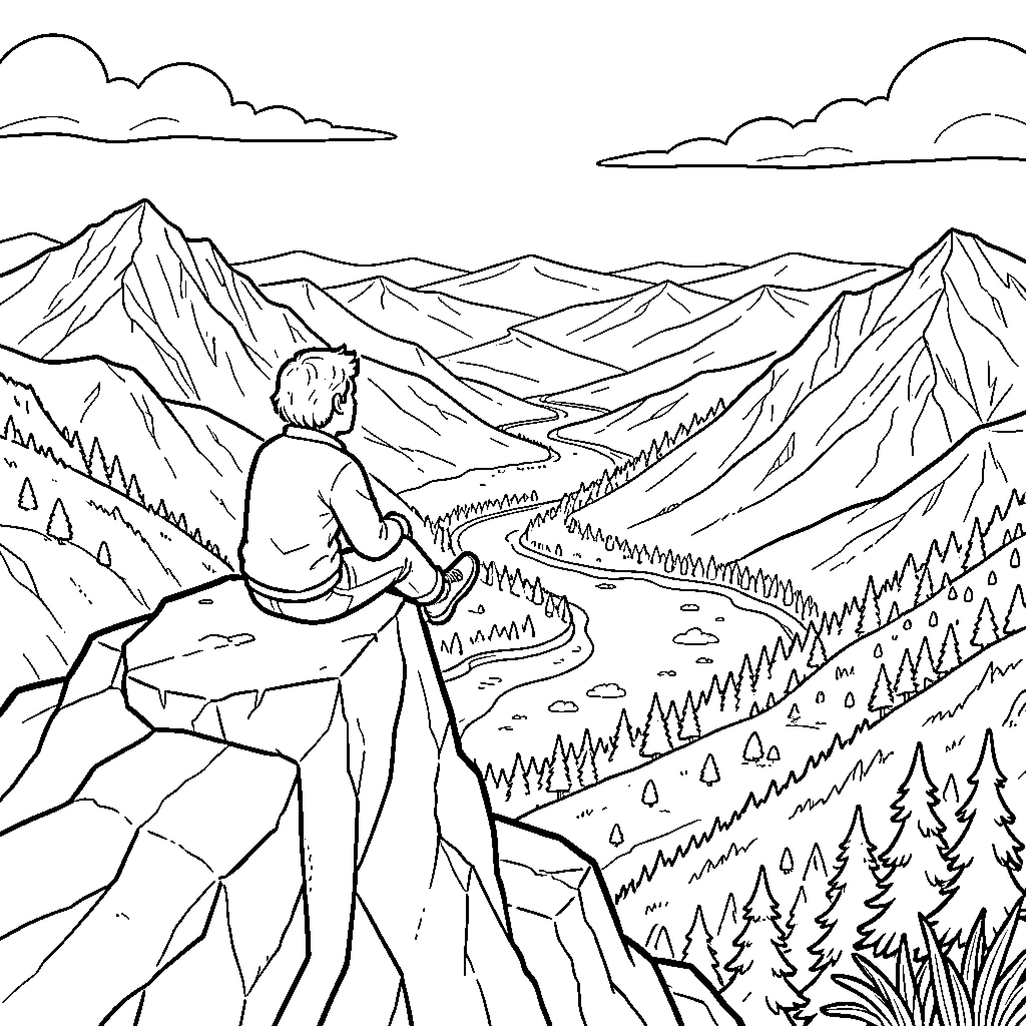 Mountain hiker resting on a cliff edge Coloring Page (free black-and-white line drawing printable PDF for all, from beginners to advanced learners, including children, teens, adults, and seniors)