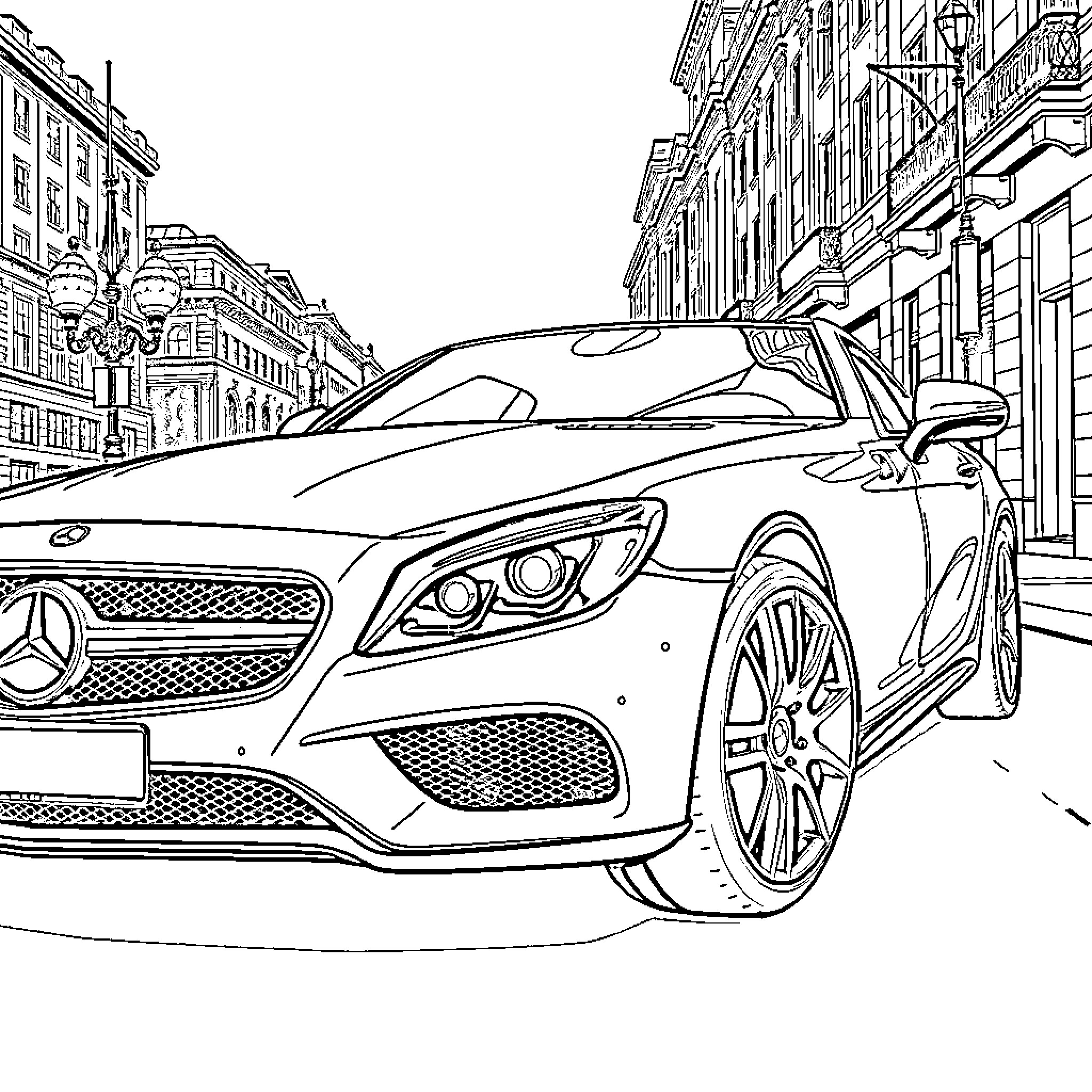Mercedes luxury sports car on city street Coloring Page (free black-and-white line drawing printable PDF for all, from beginners to advanced learners, including children, teens, adults, and seniors)