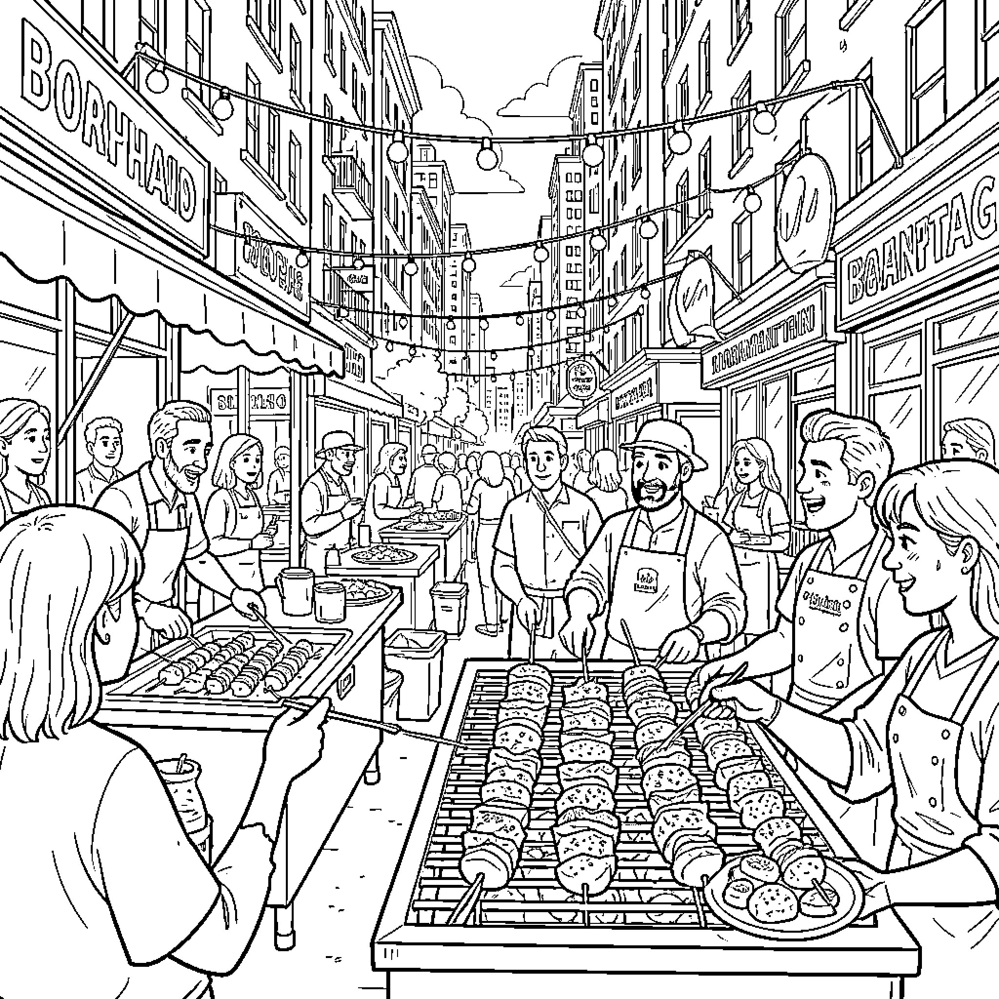 Kebab chefs grilling food at a busy street market Coloring Page (free black-and-white line drawing printable PDF for all, from beginners to advanced learners, including children, teens, adults, and seniors)