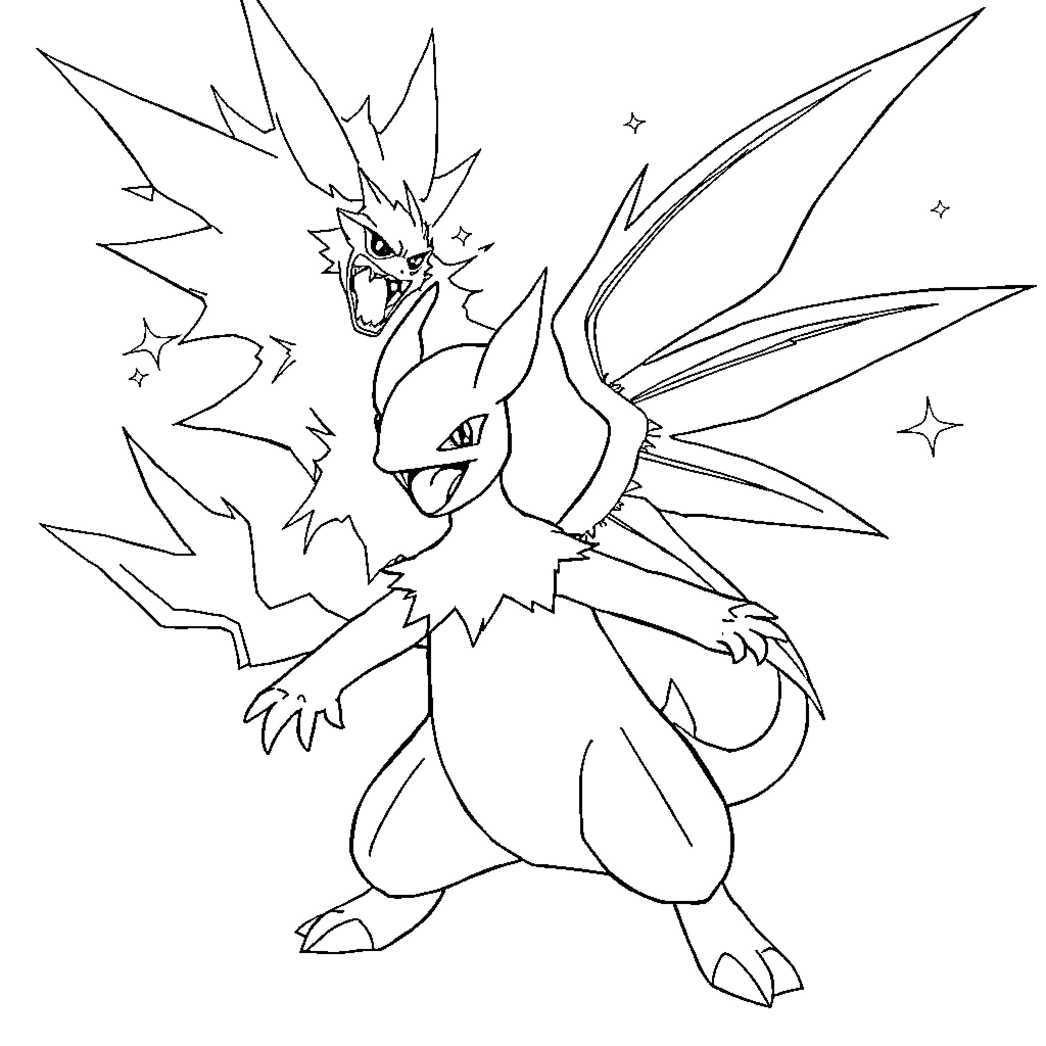 Pokémon creature with fierce expression and spread wings Coloring Page (free black-and-white line drawing printable PDF for all, from beginners to advanced learners, including children, teens, adults, and seniors)