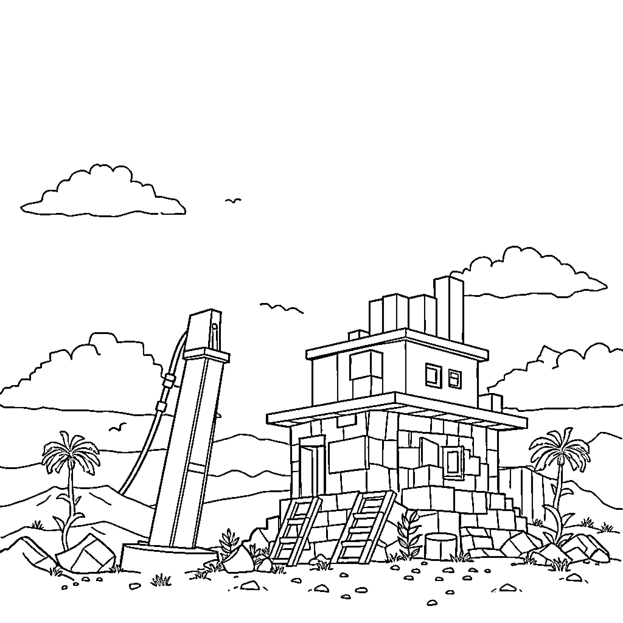 Crane construction site with unfinished building and palm trees Coloring Page (free black-and-white line drawing printable PDF for all, from beginners to advanced learners, including children, teens, adults, and seniors)